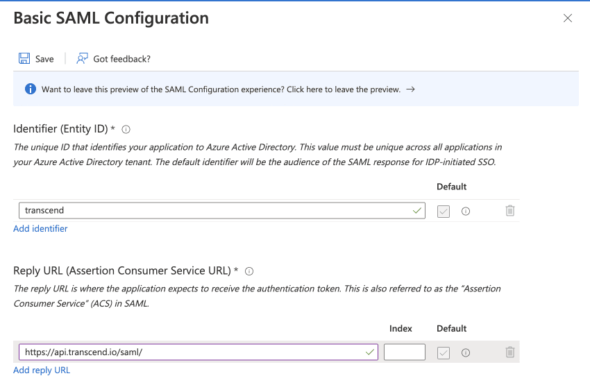 AzureAd App SAML config example