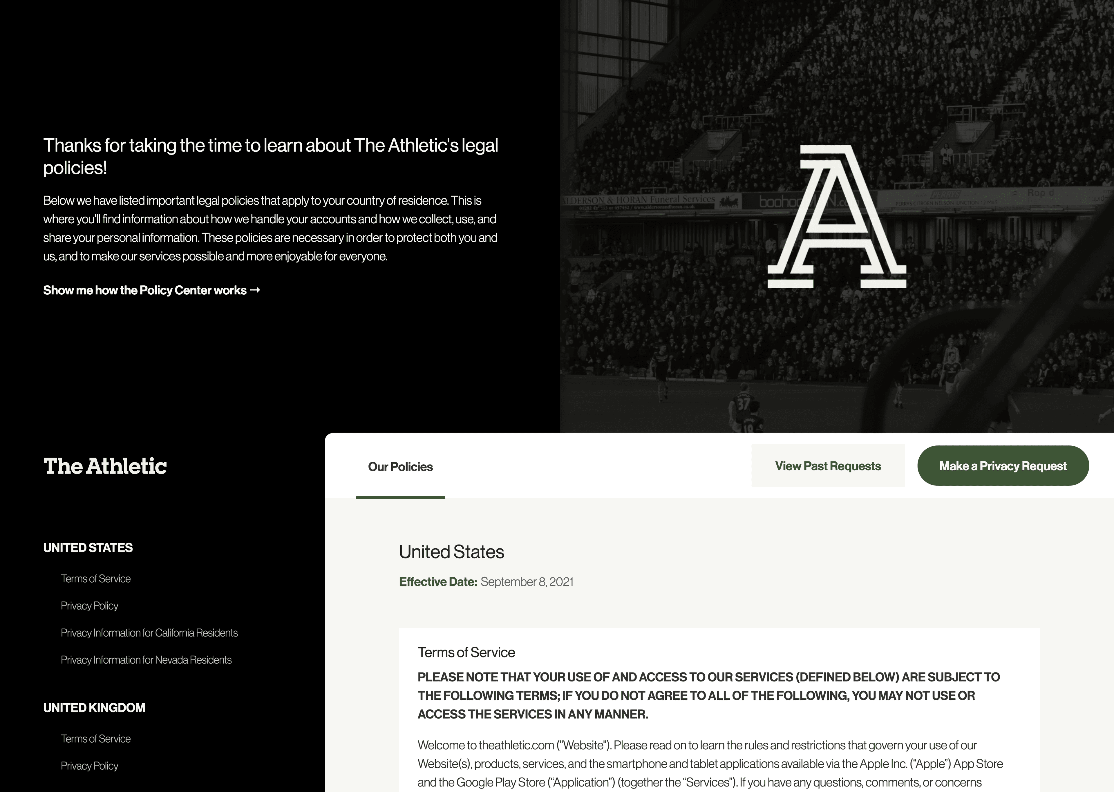 A screenshot of The Athletic's Privacy Center