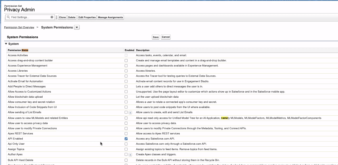 Select the API Enabled setting for the relevant Permission Sets