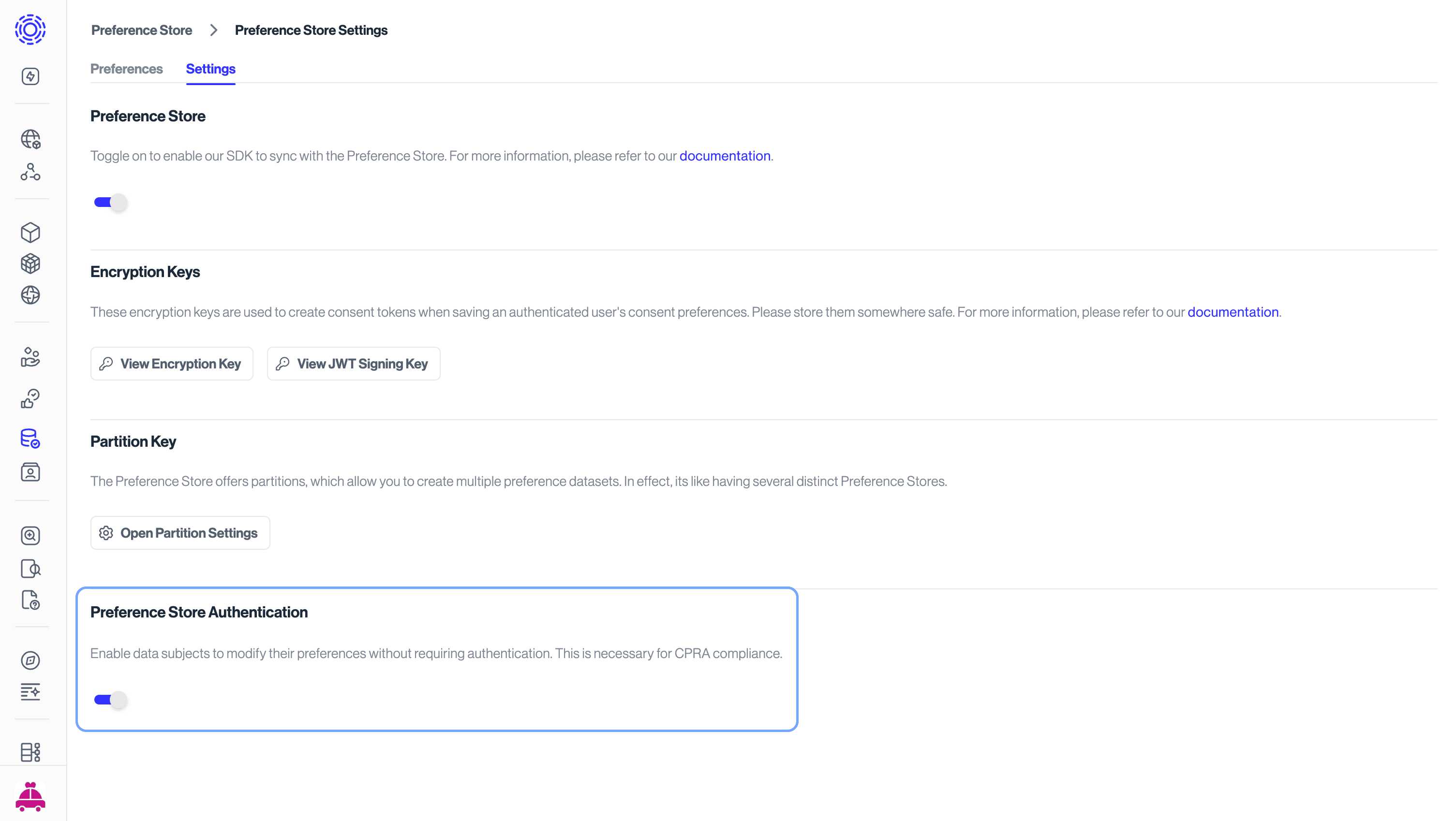 Preference Management > Settings > Preference Store Authentication