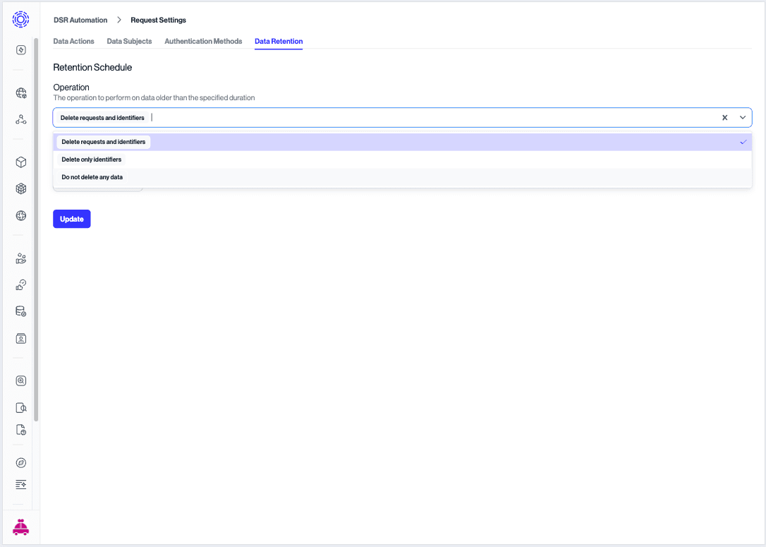 DSR Automation > Request Settings > Data Retention Dropdown