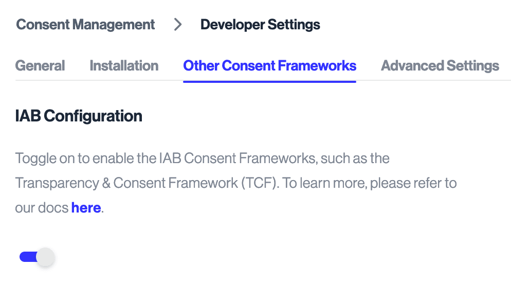 The toggle which enables IAB Frameworks