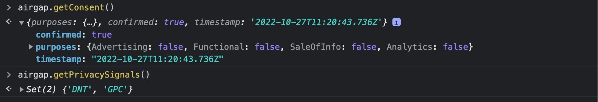 airgap.getConsent() example for GPC & DNT user visiting site for first time