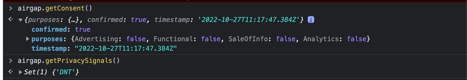 airgap.getConsent() example for DNT user visiting site for first time