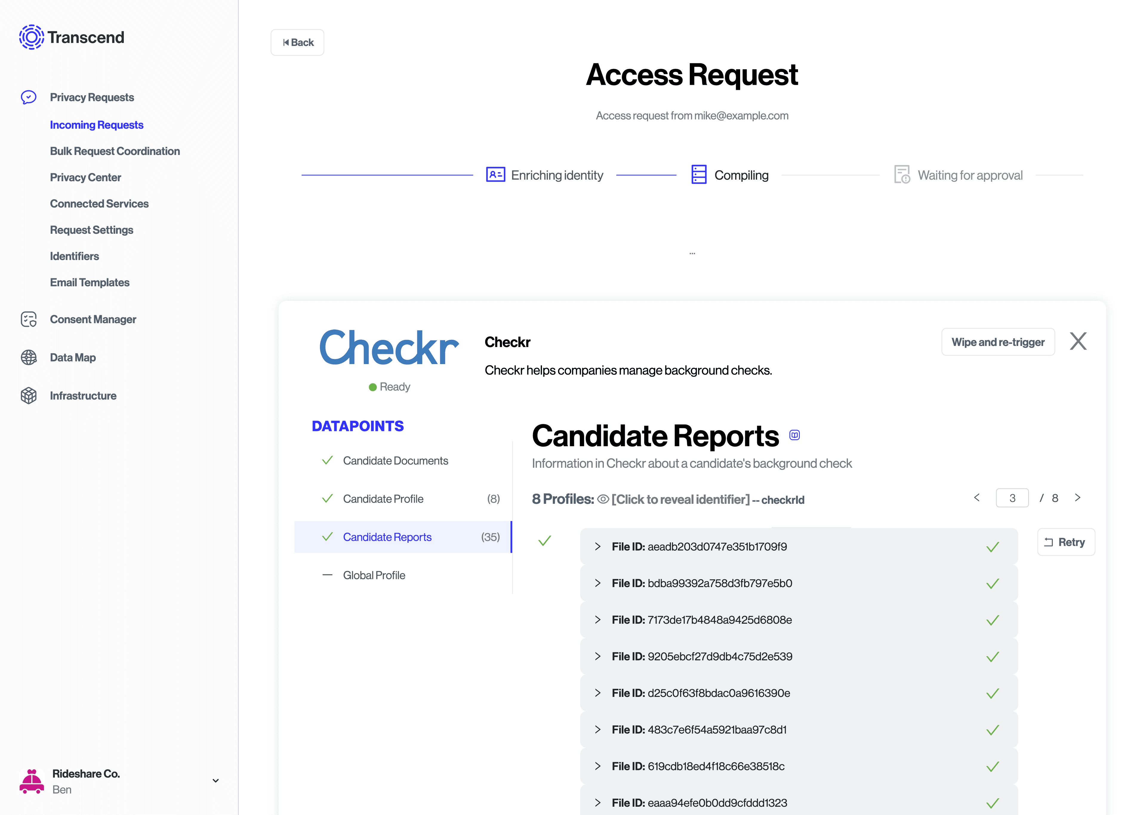 The files returned from Checkr in an access request.