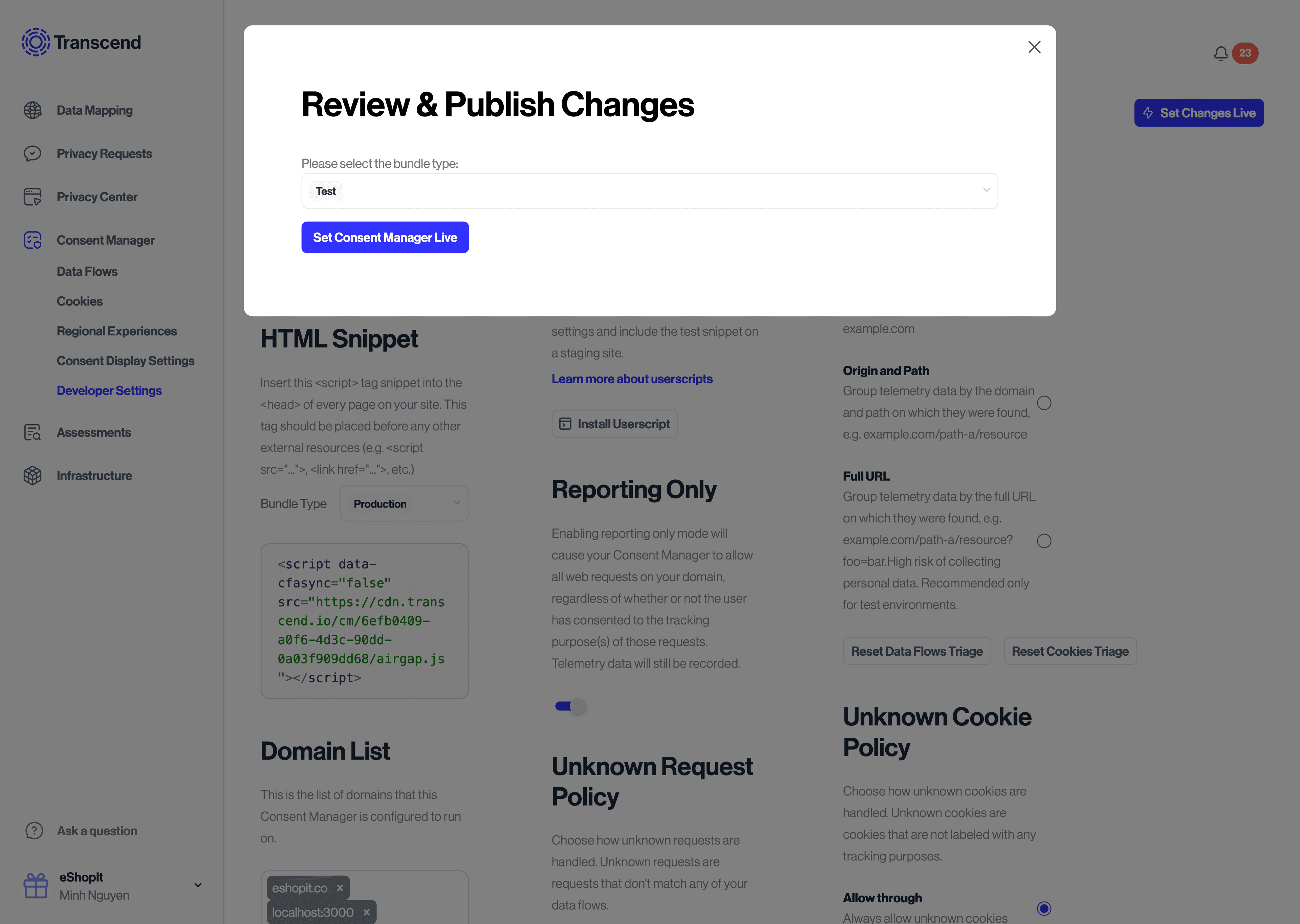 Modal to Review and Publish Changes For Consent