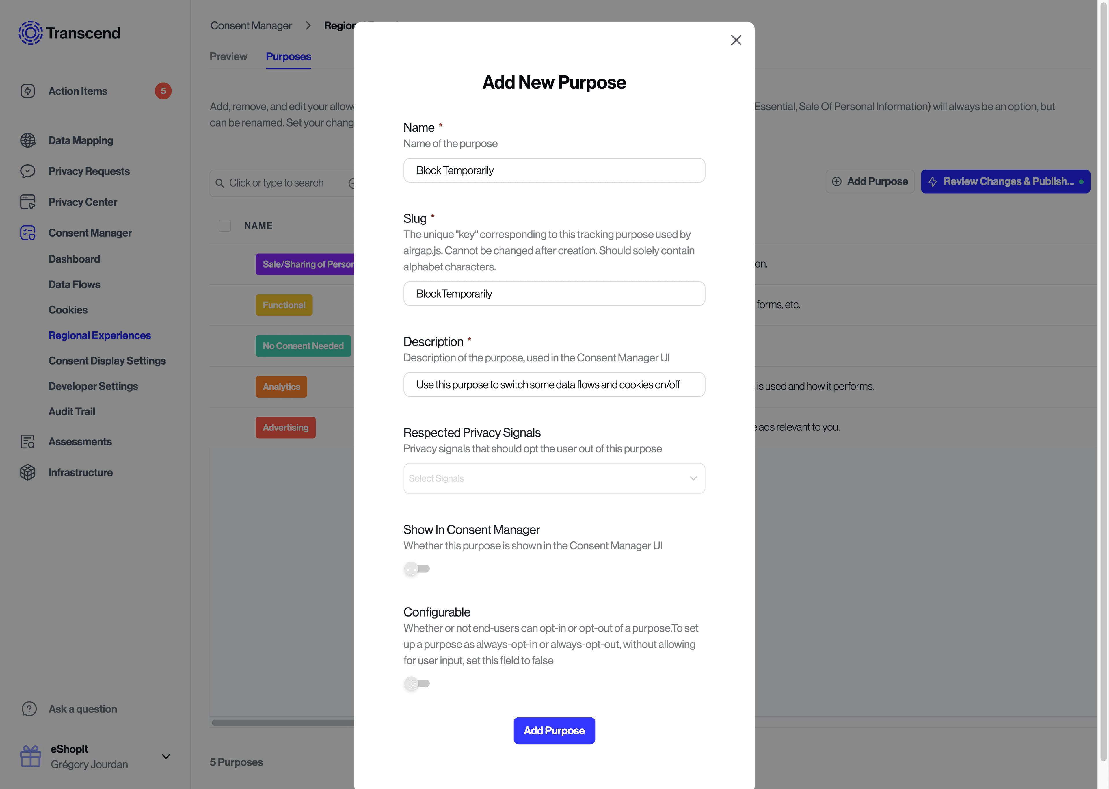 Purpose tab in Regional Experiences