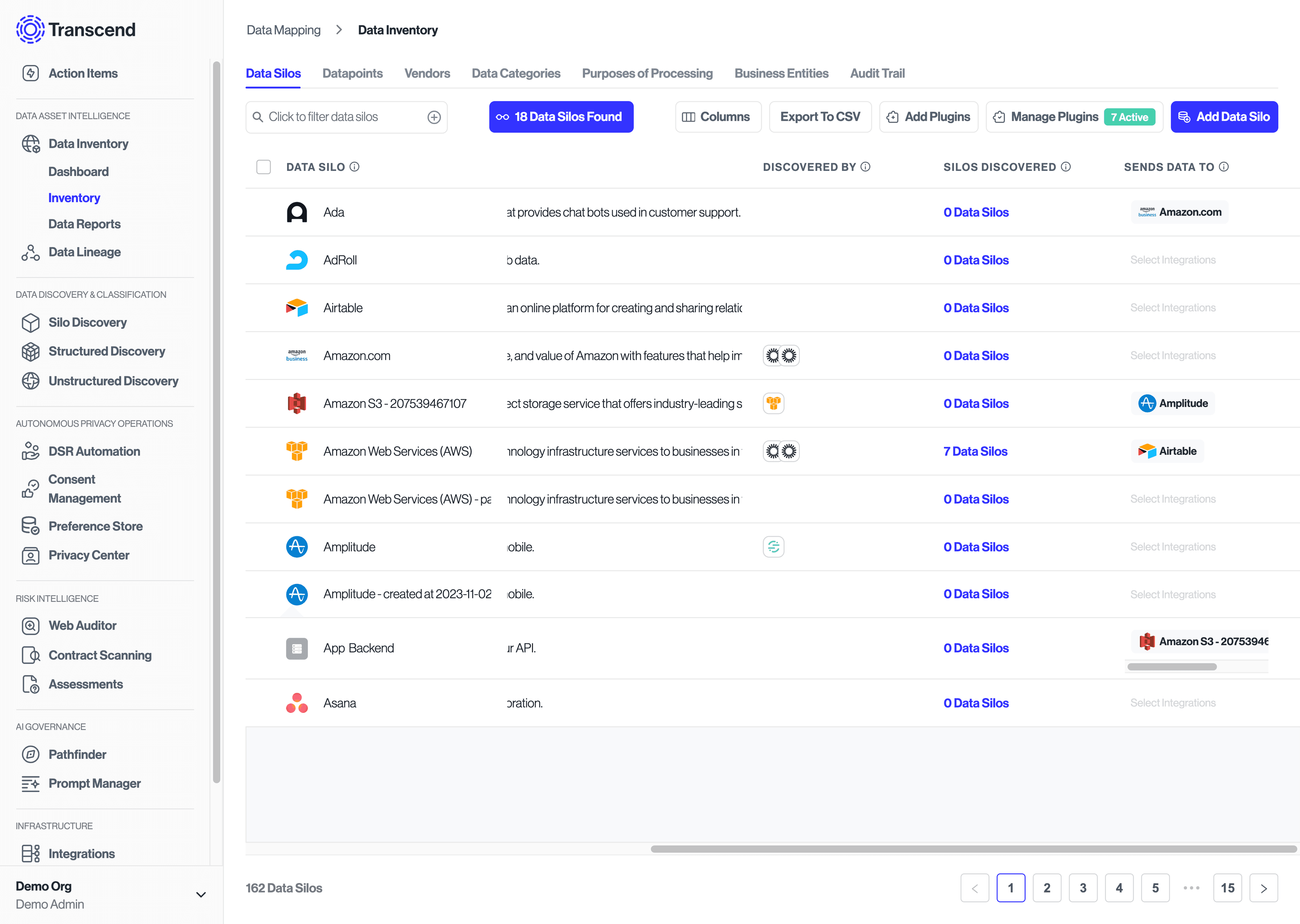 Data Inventory, "Send Data to" Column