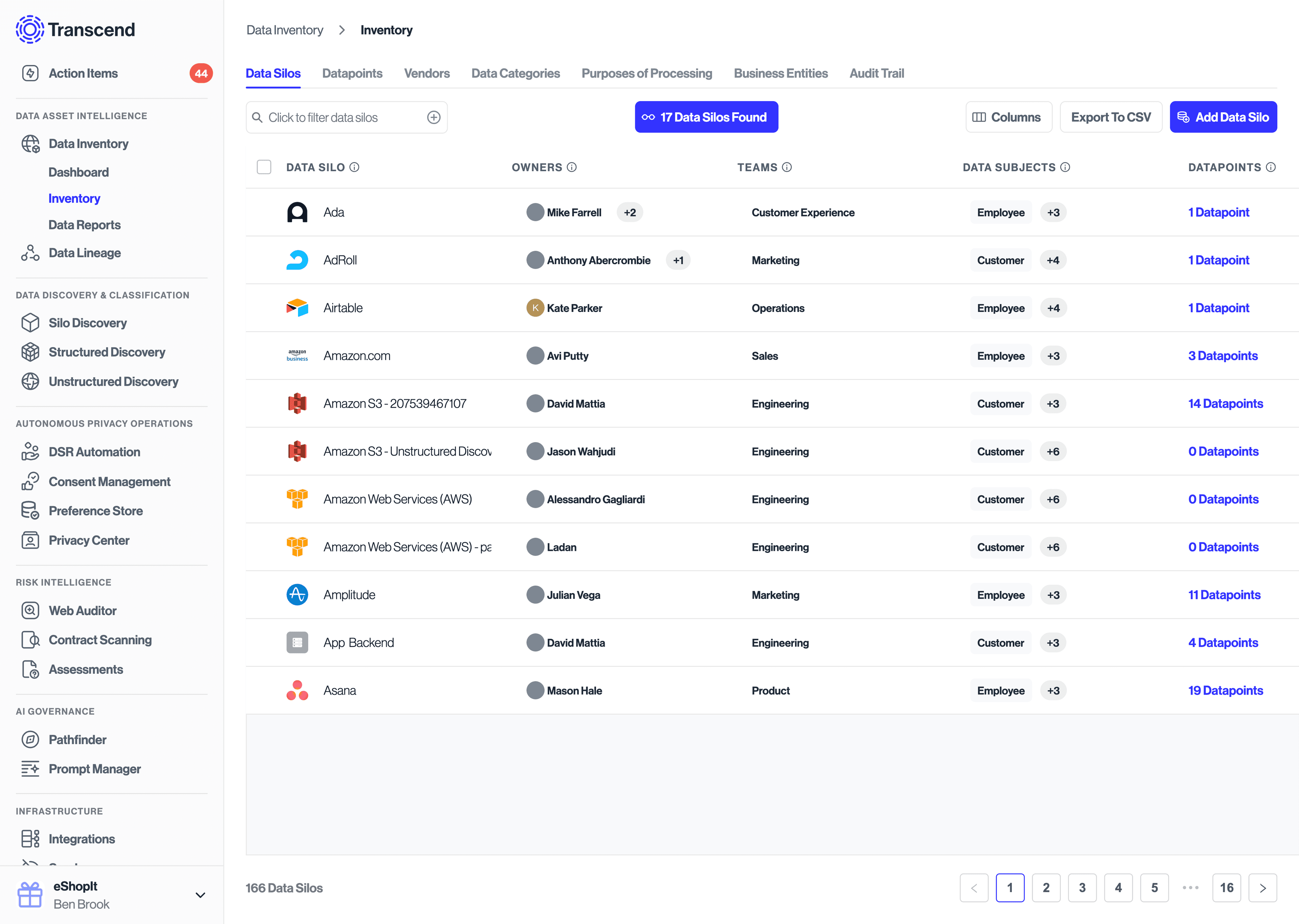 The data silos within the in the Data Inventory, showing detected data silos.