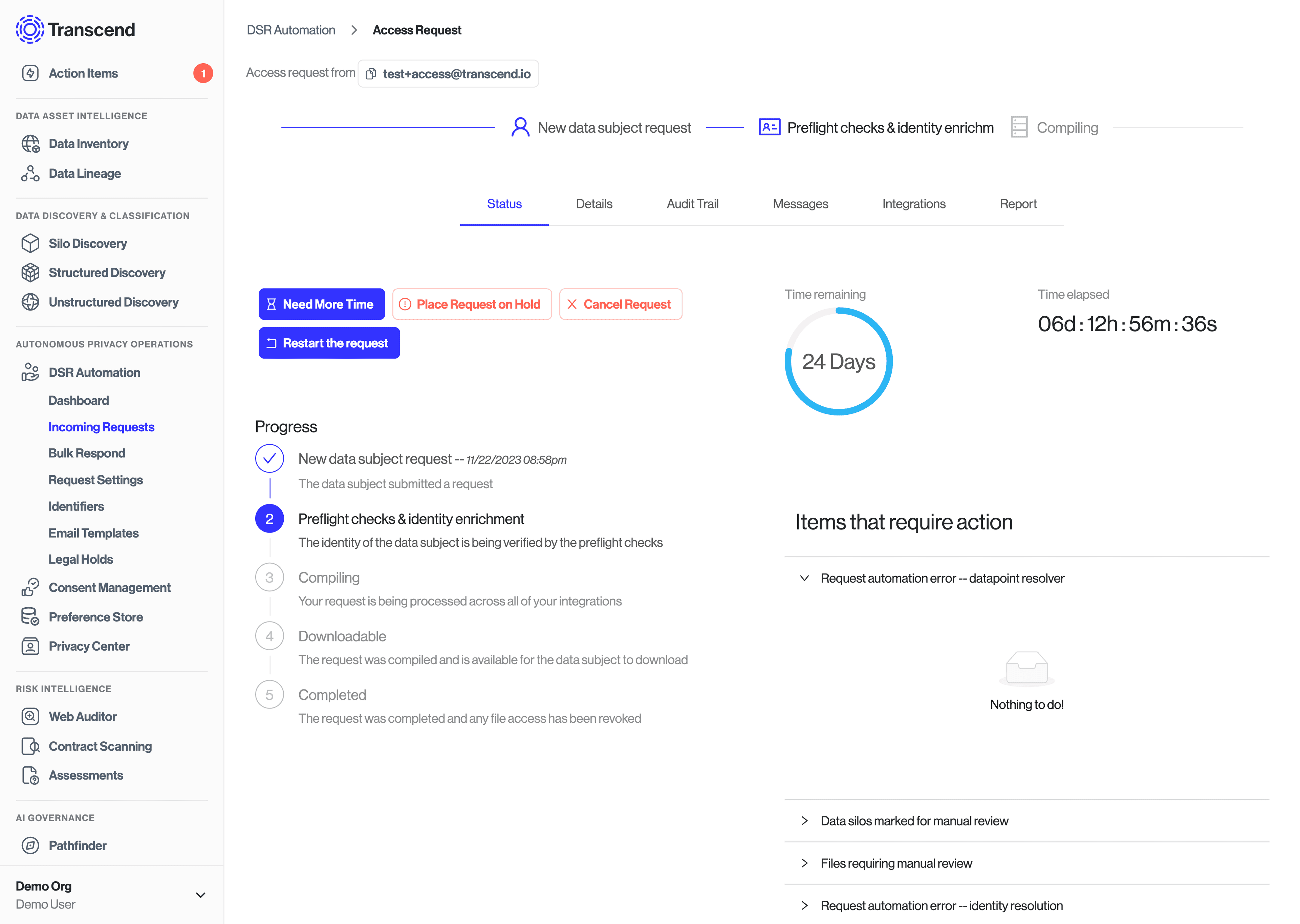 Status tab of a specific data subject request in the Admin Dashboard