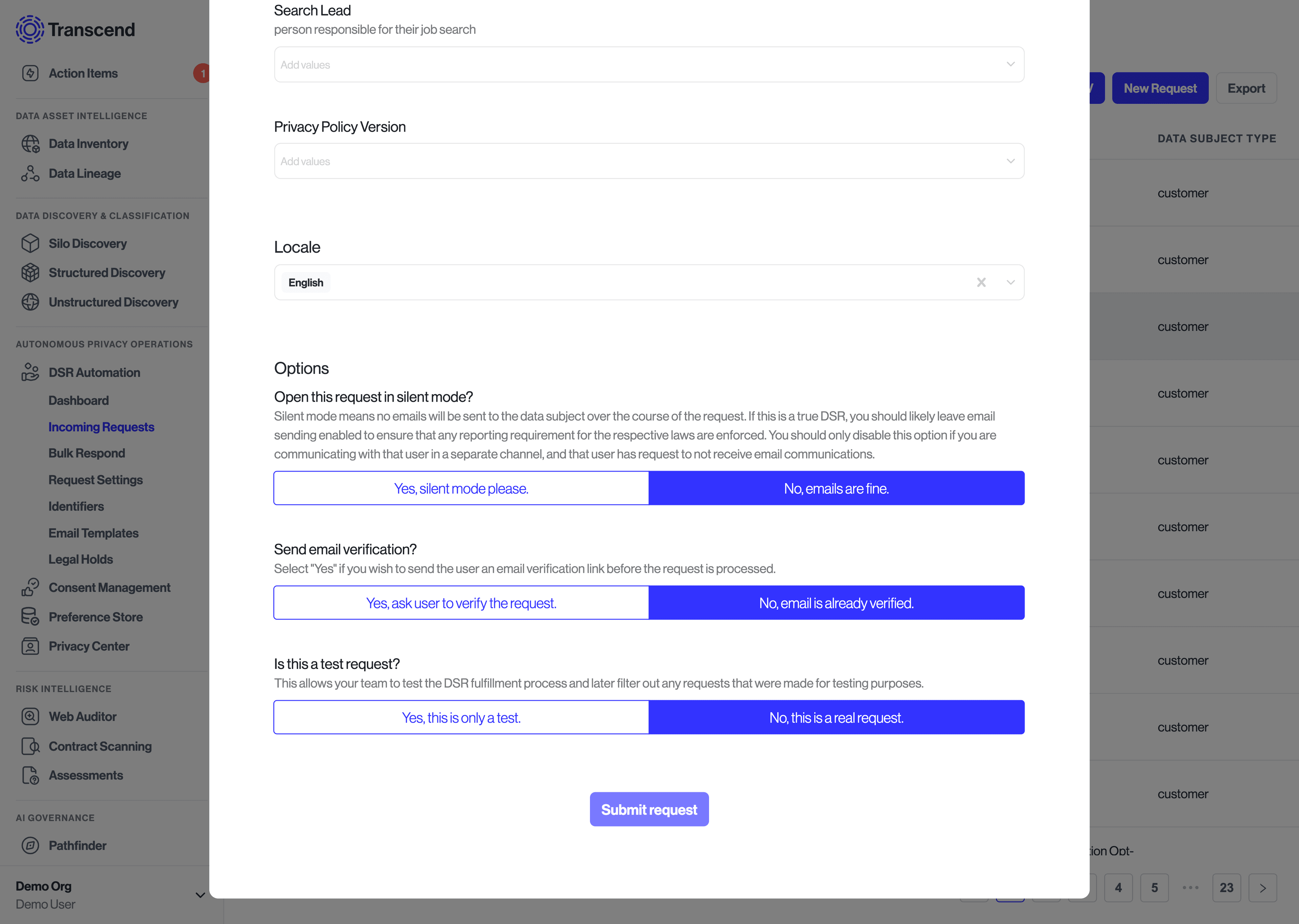 Modal to toggle on Silent Mode when manually making a data subject request through the Admin Dashboard