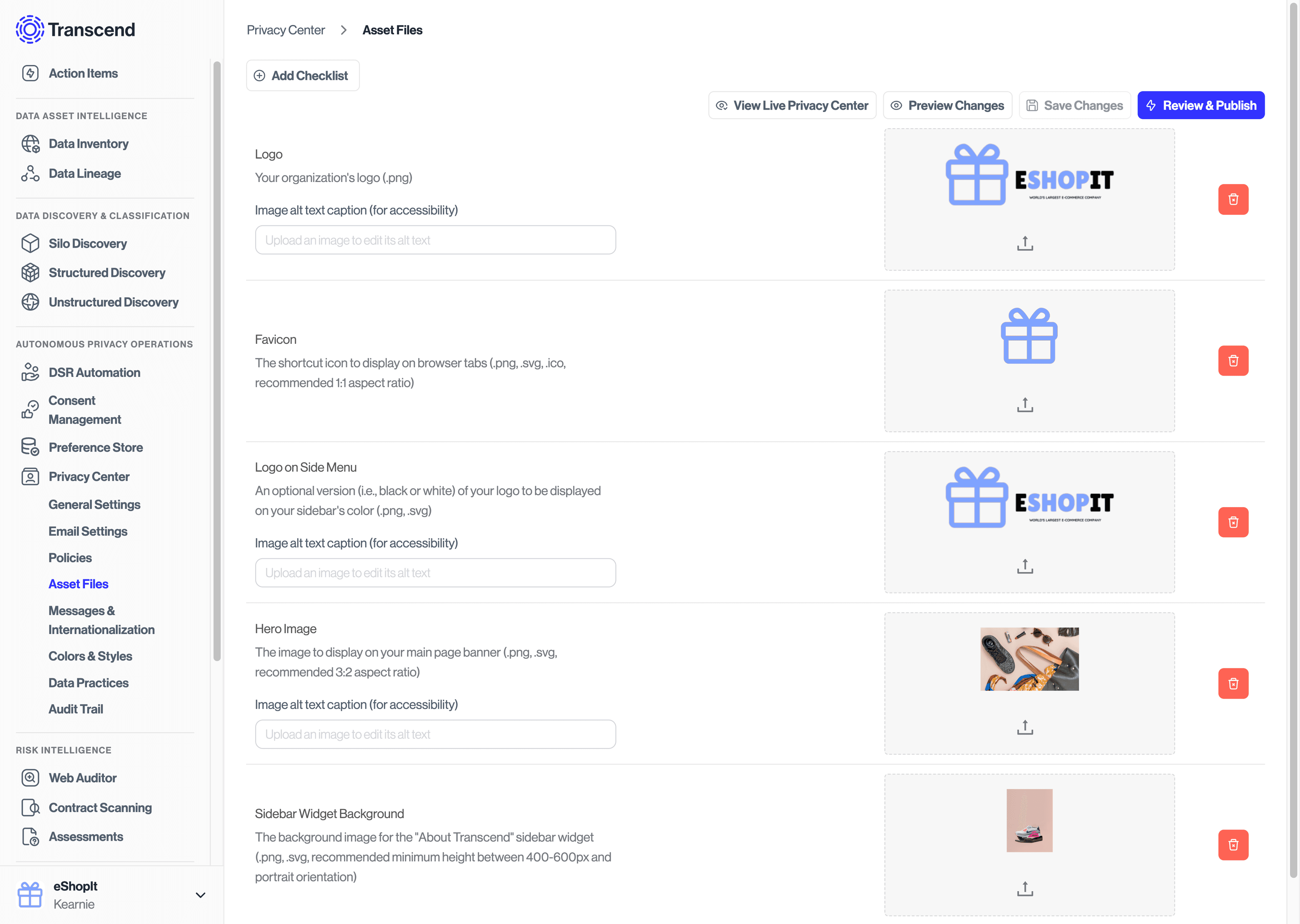 Asset Files tab of the Privacy Center section in the Admin Dashboard