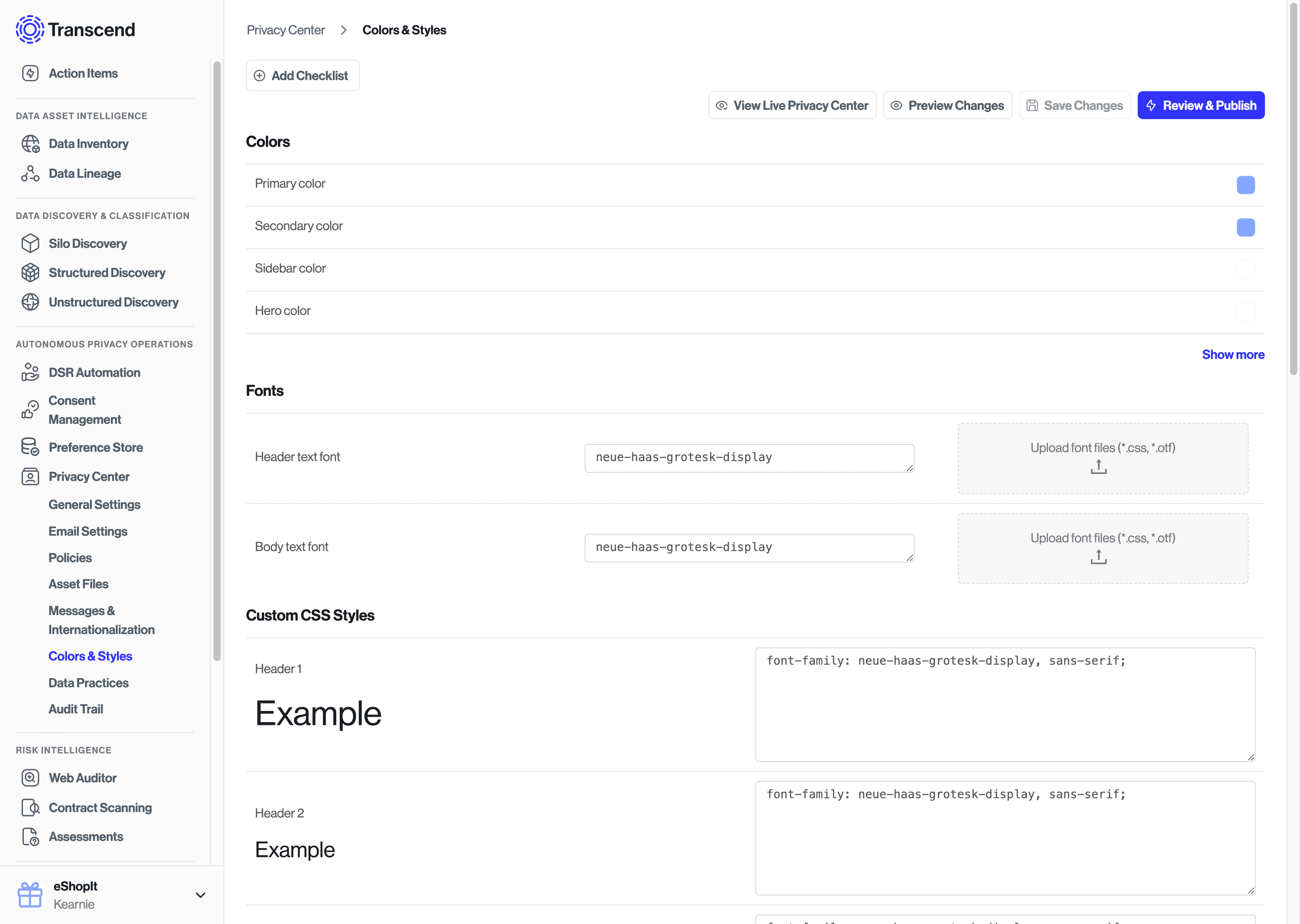 Colors & Styles tab of the Privacy Center section in the Admin Dashboard