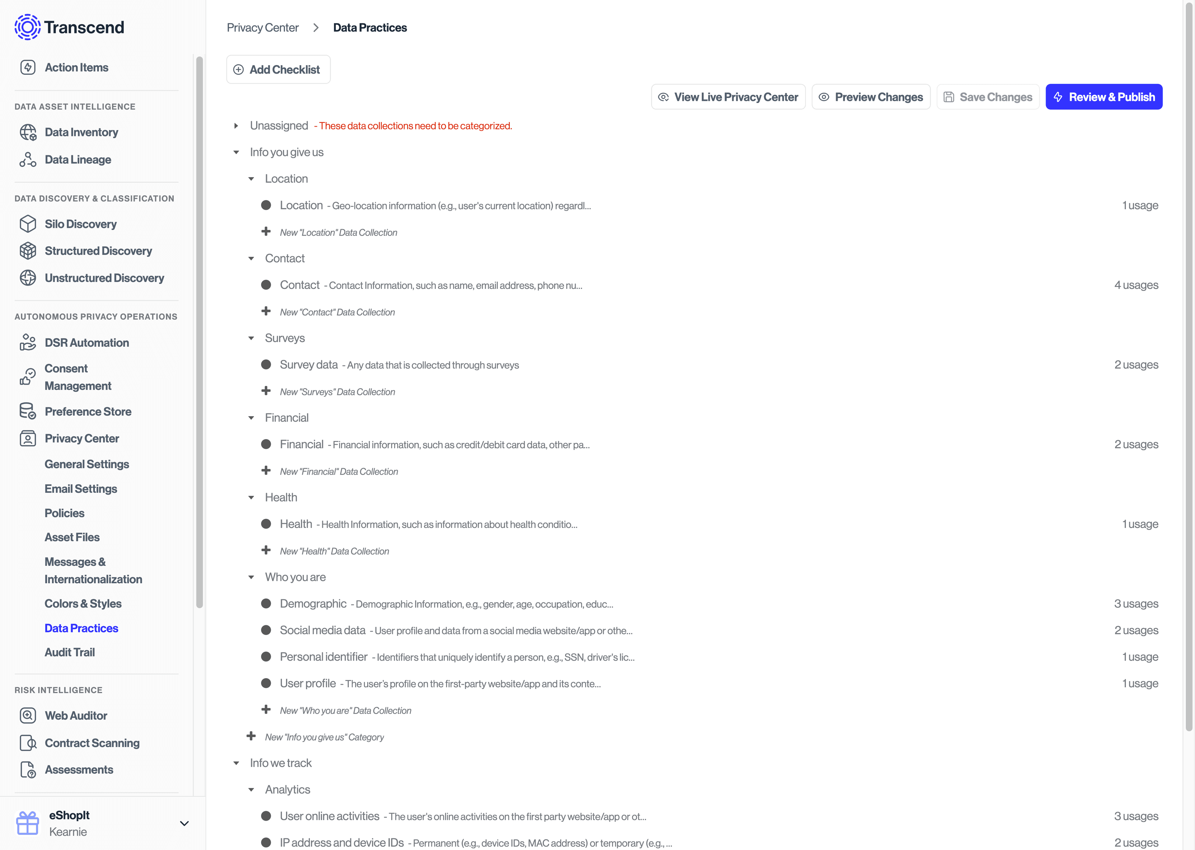 The Privacy Center's configuration page, showing the data practices tab.