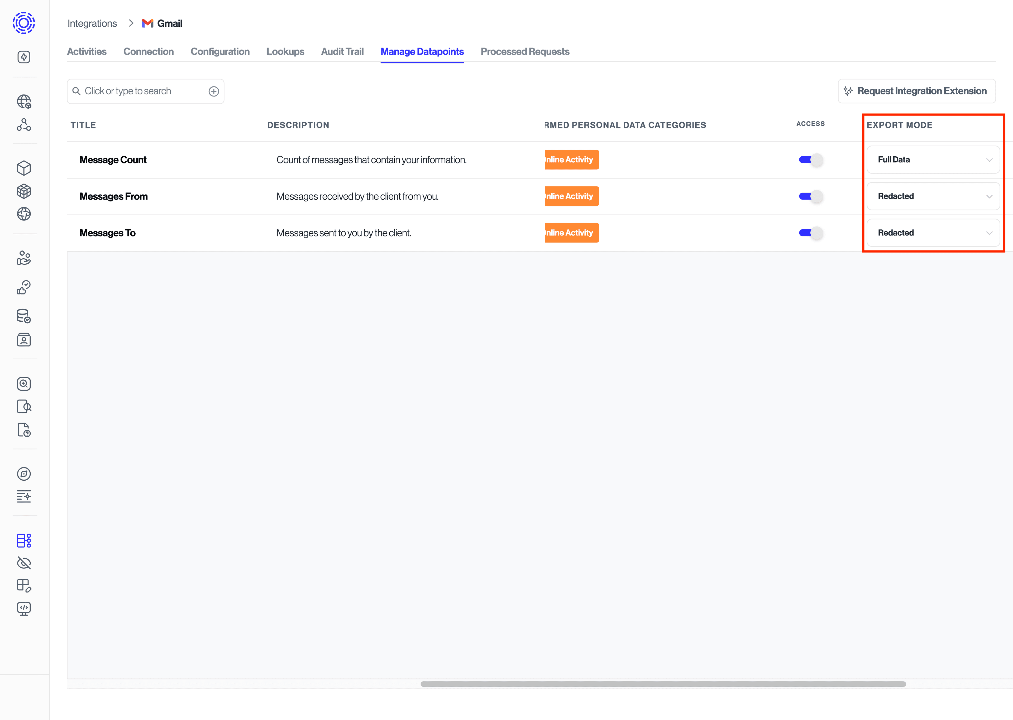 Integrations > Manage Datapoints export mode screenshot