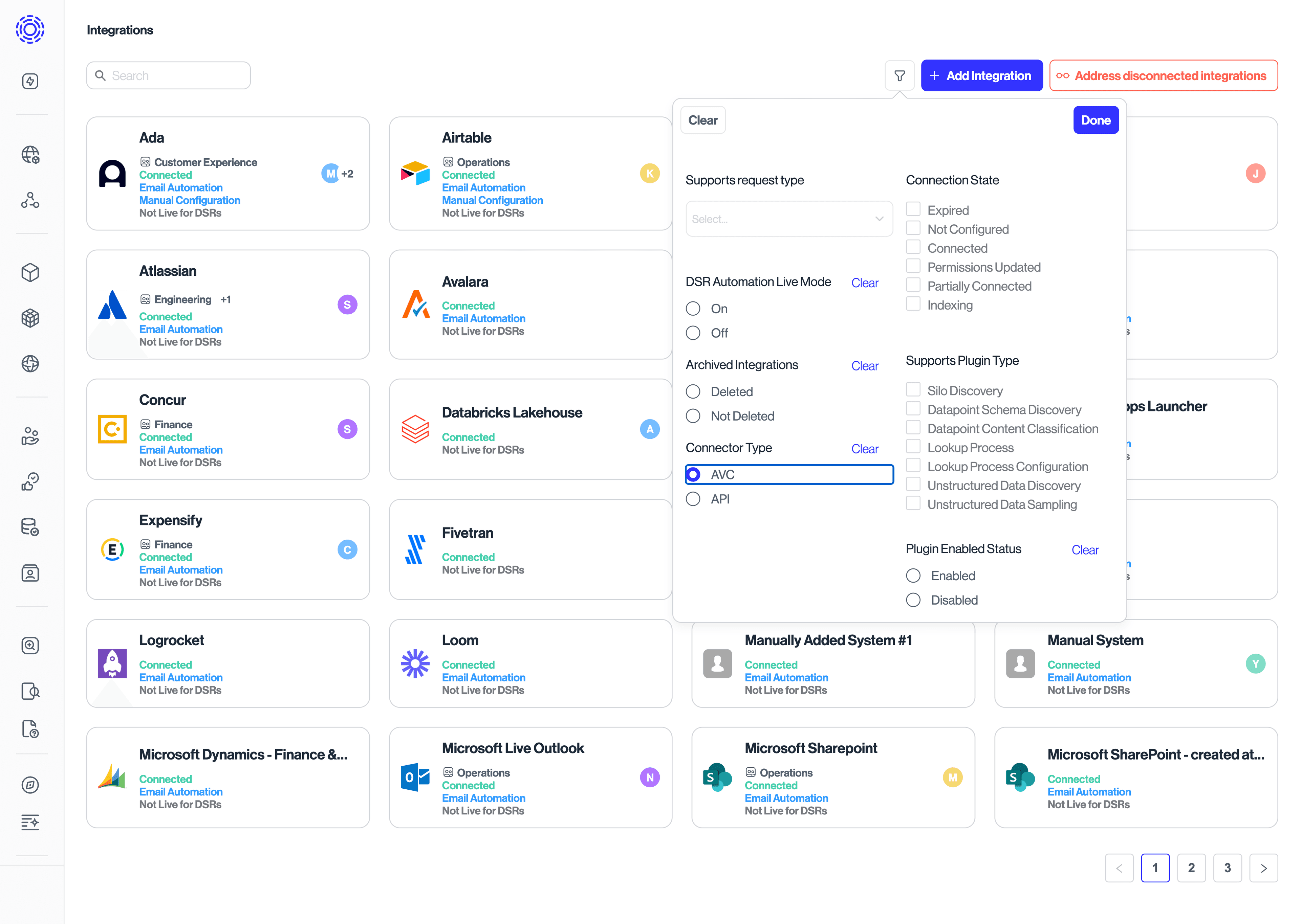 Integrations filter, AVC selected