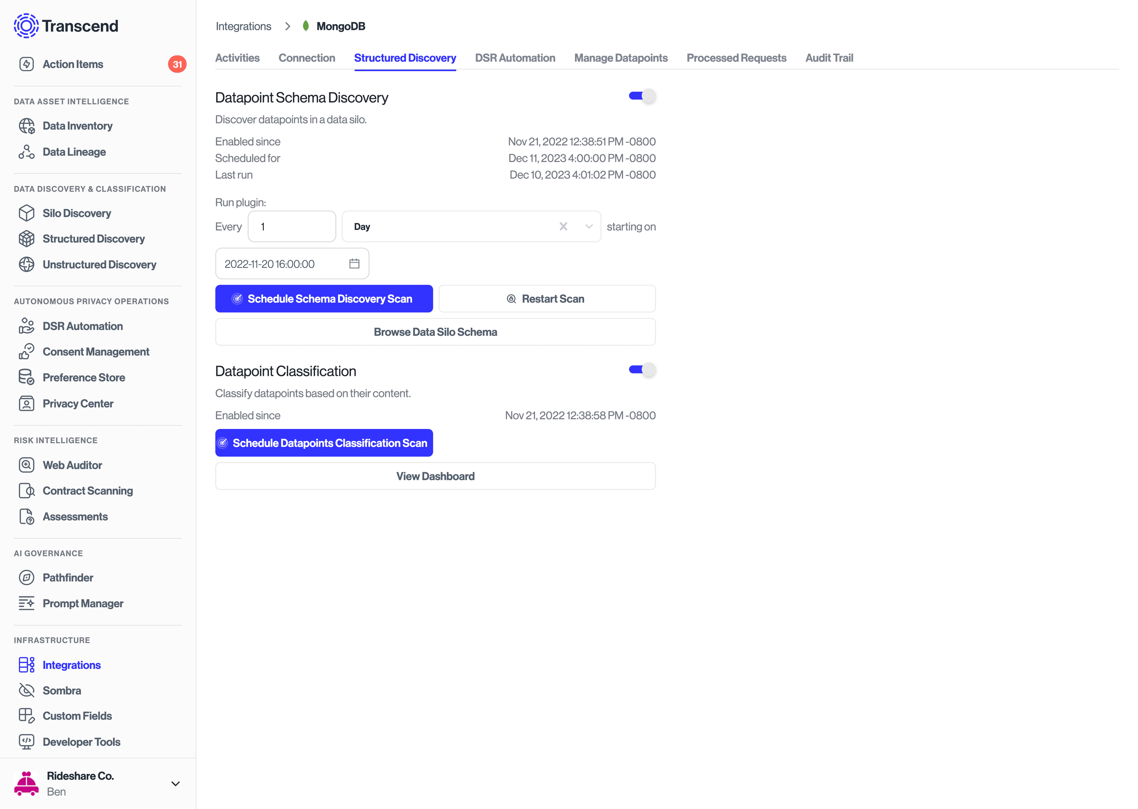 Enable the datapoint schema discovery plugin for the MongoDB integration