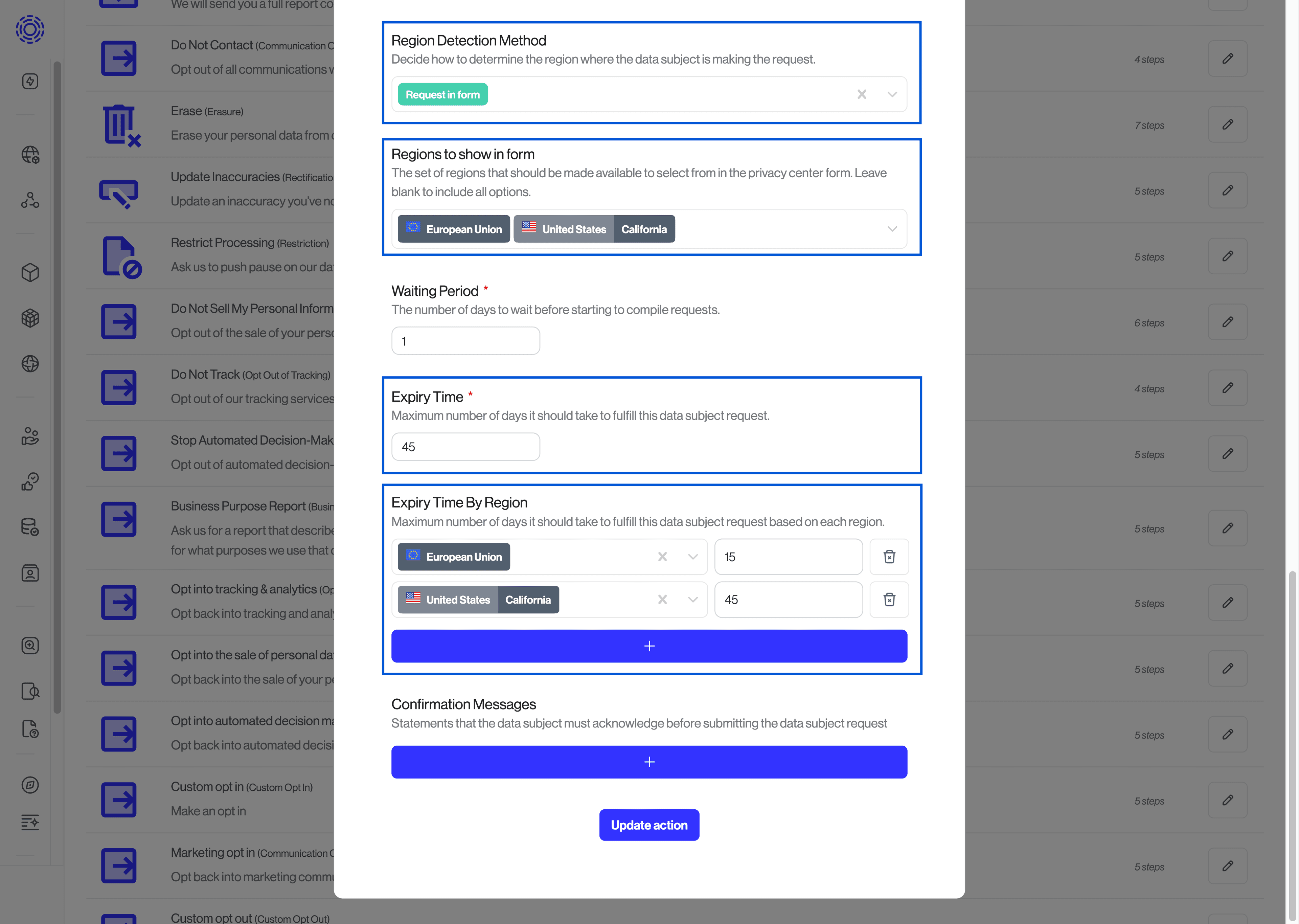 Screenshot of the regional expiry time configuration