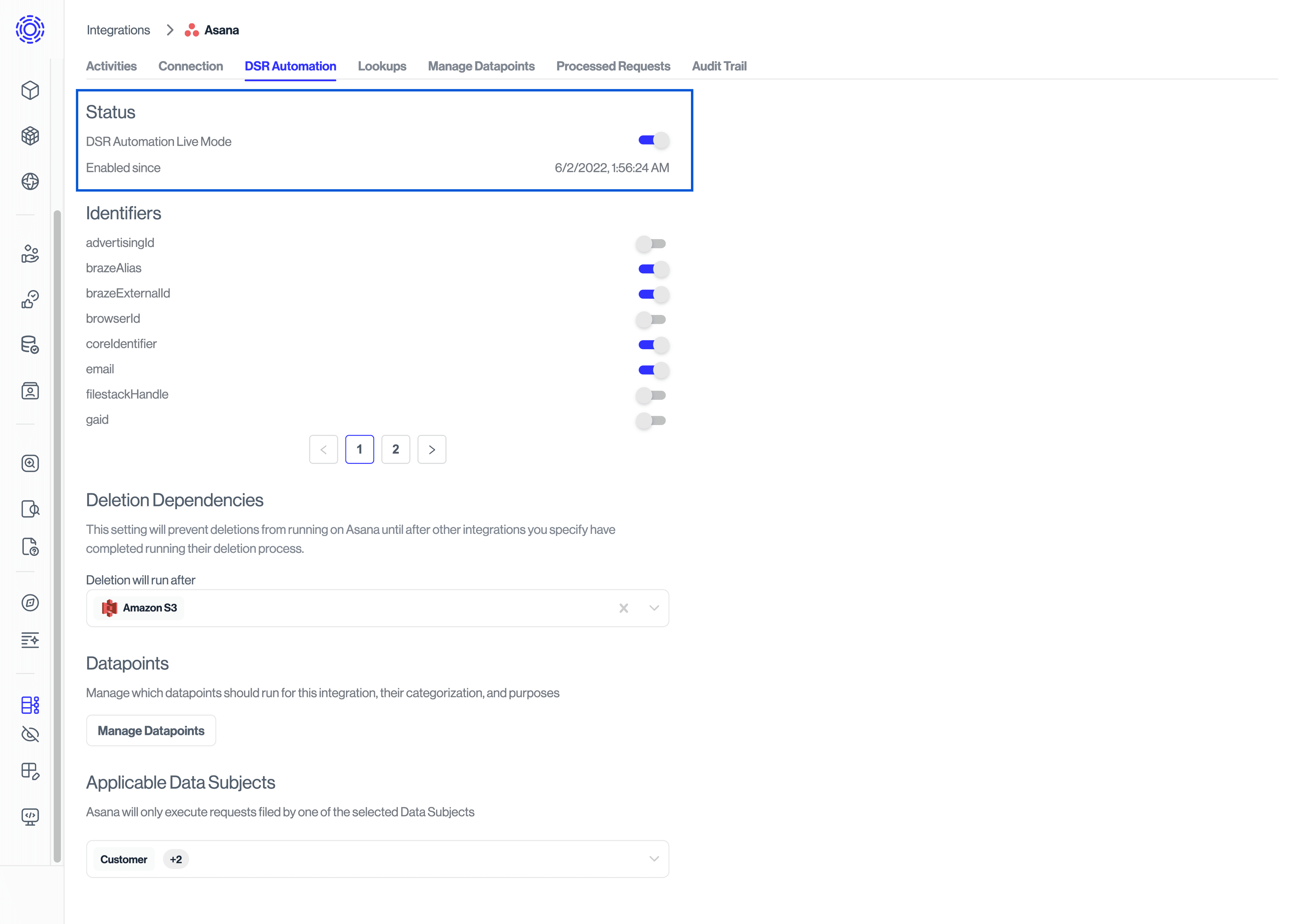 Integrations > DSR Automation > Toggle Live Mode