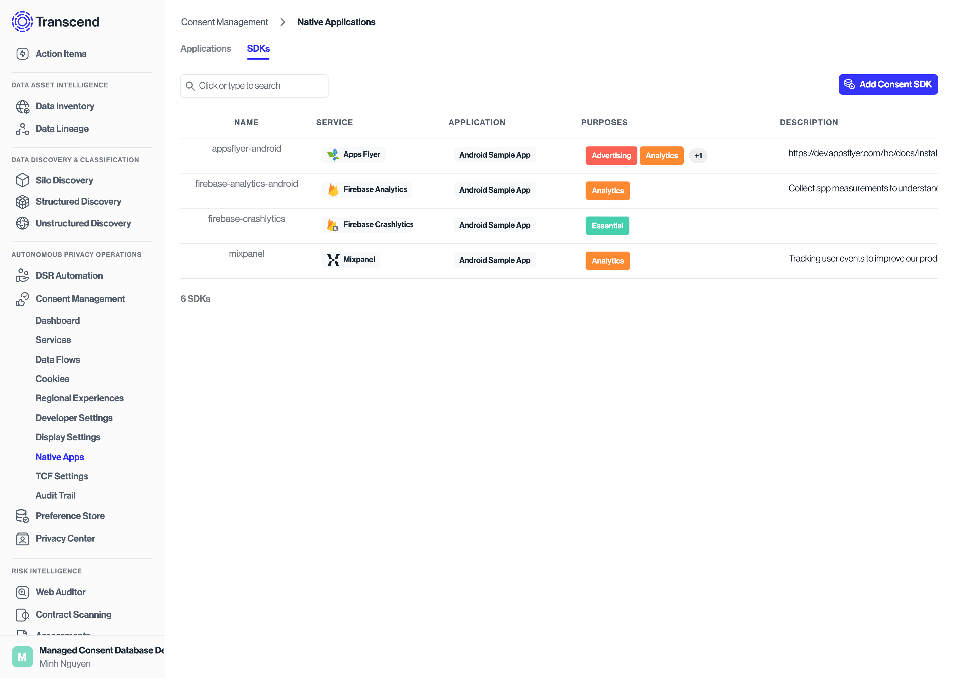 SDKs table for viewing and managing SDKs