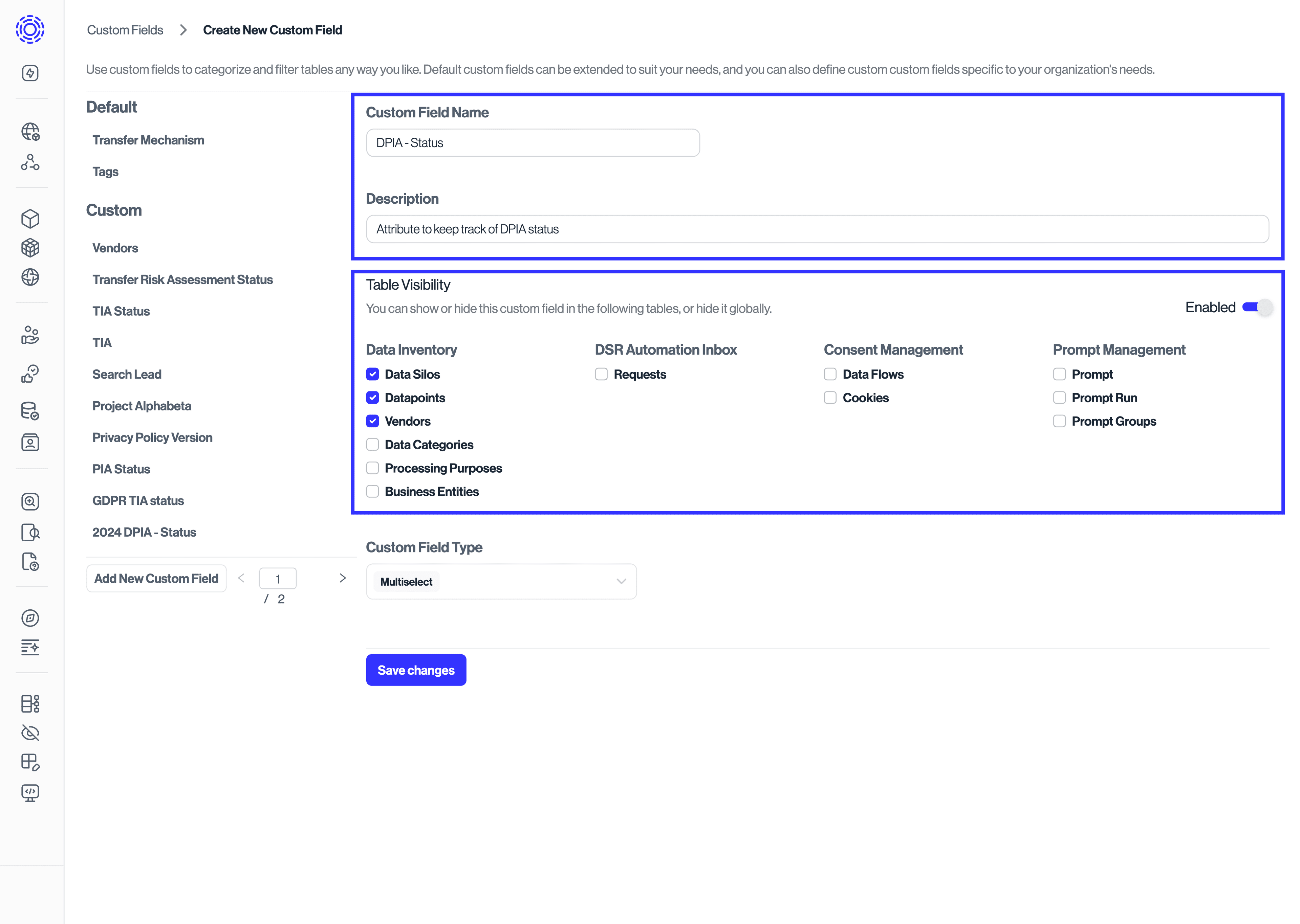 Table visibility checkboxes