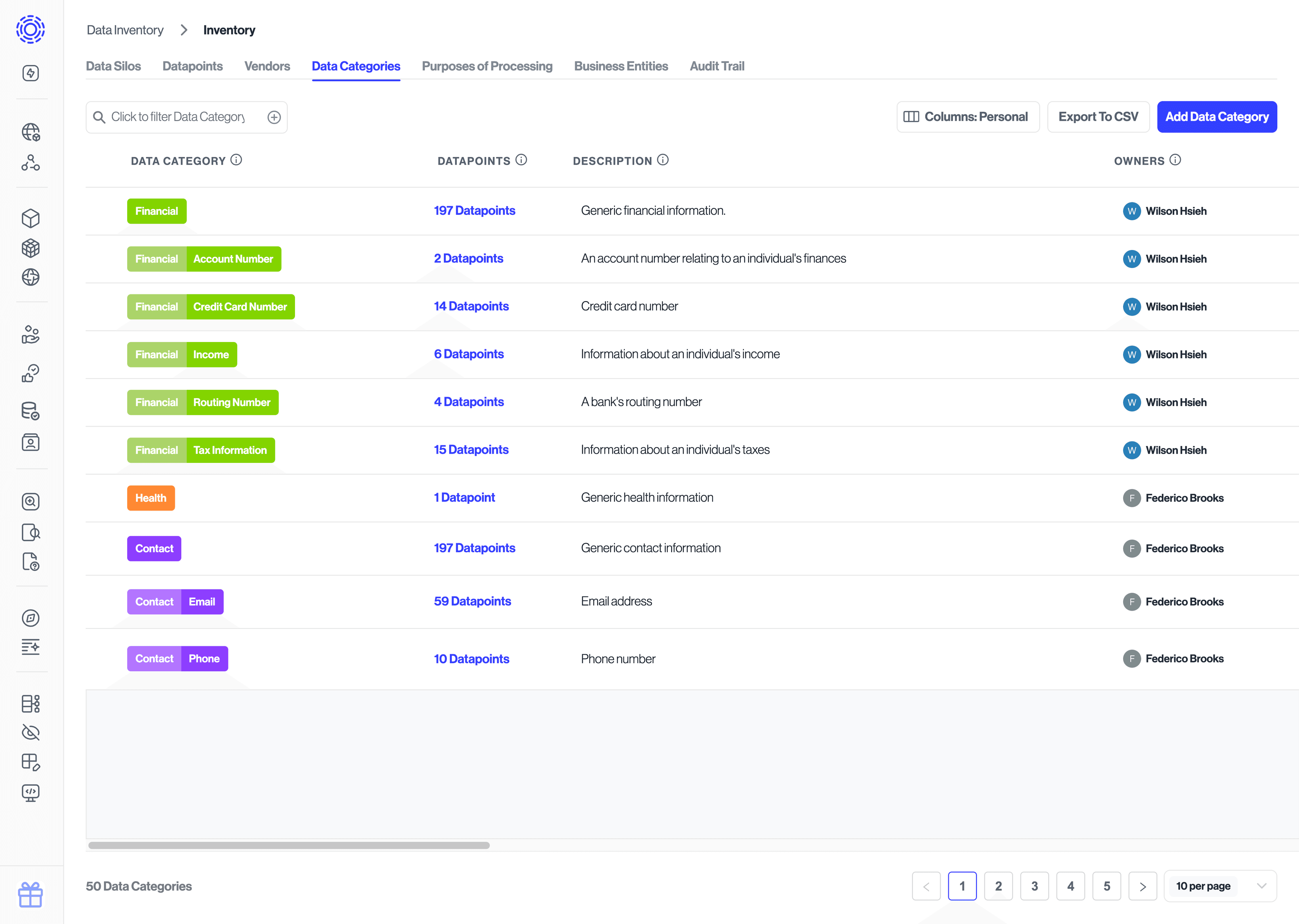 Reviewing Data Categories screen