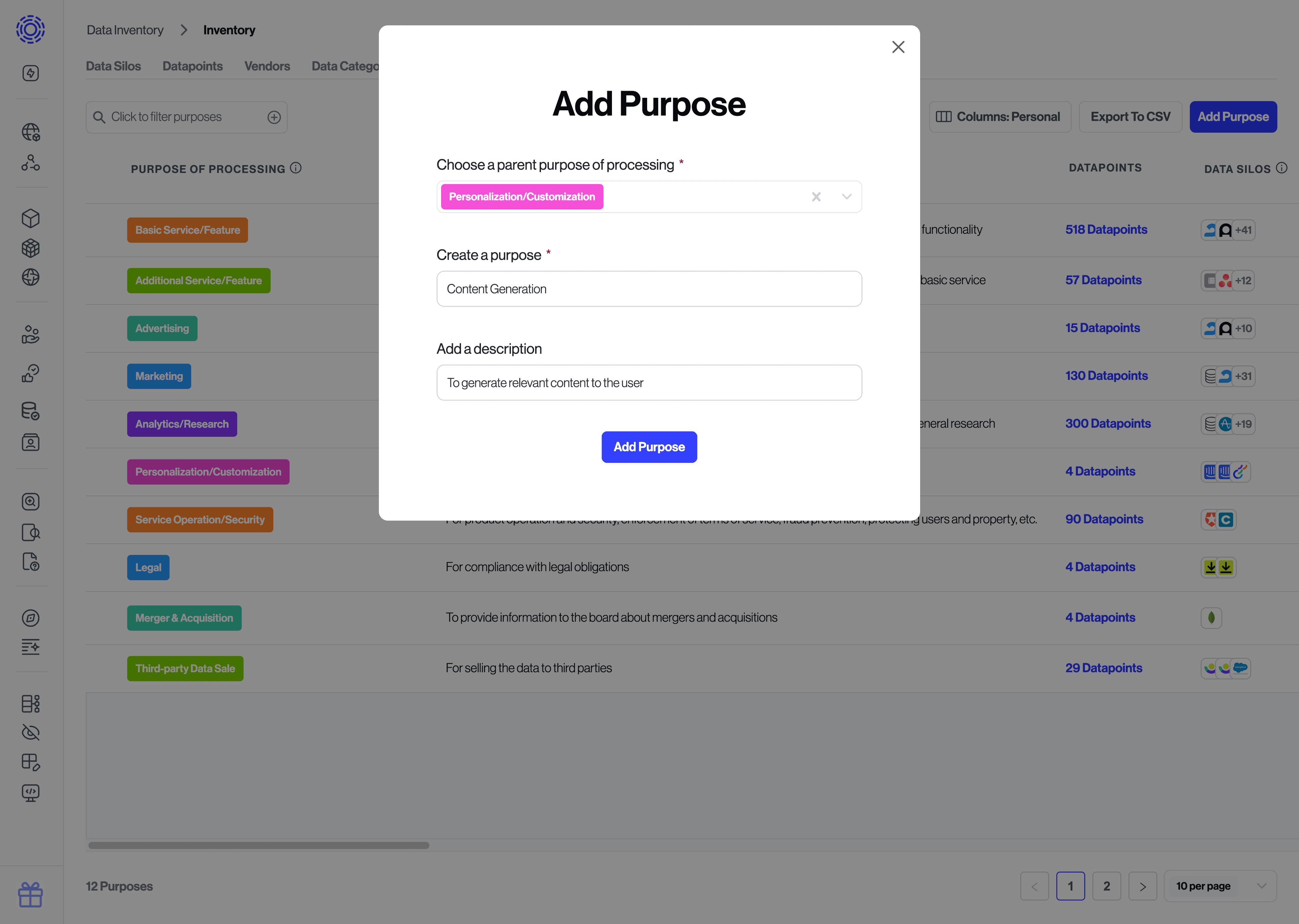 Add new Purpose of Processing to the table