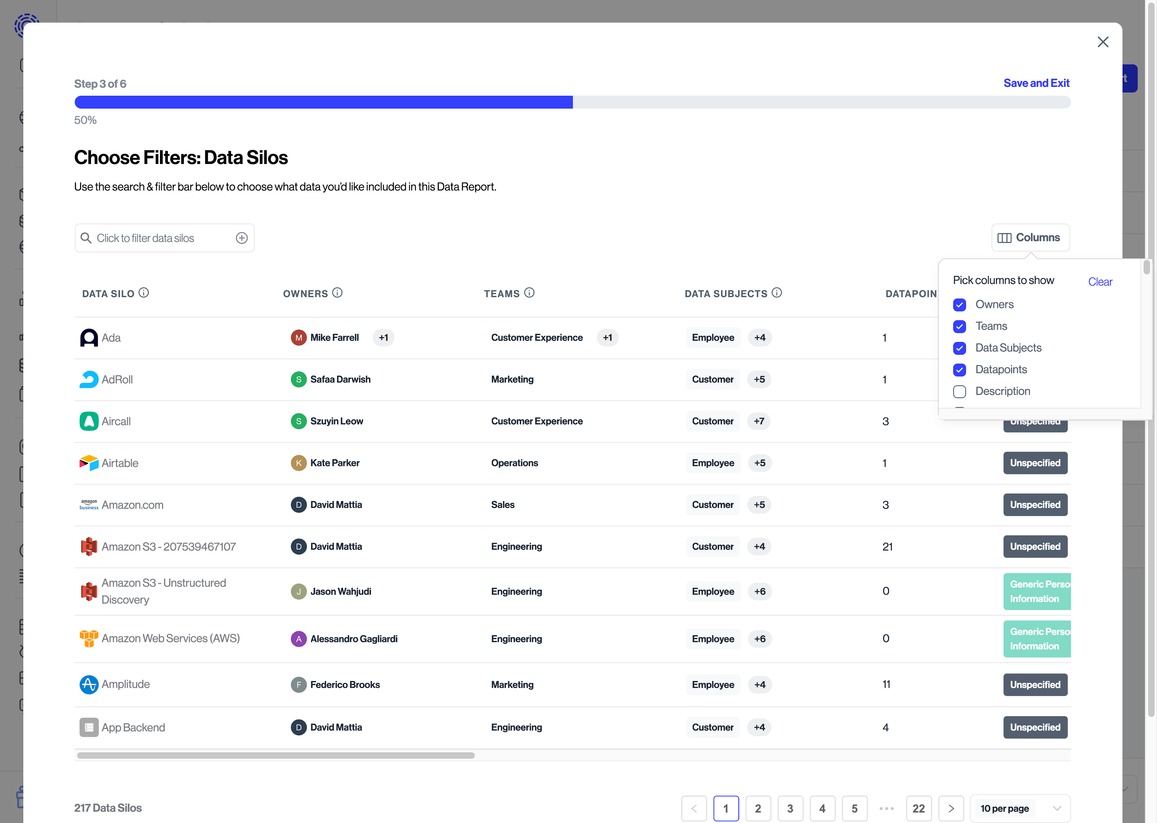 Data Reports New Report filter tables and change columns view