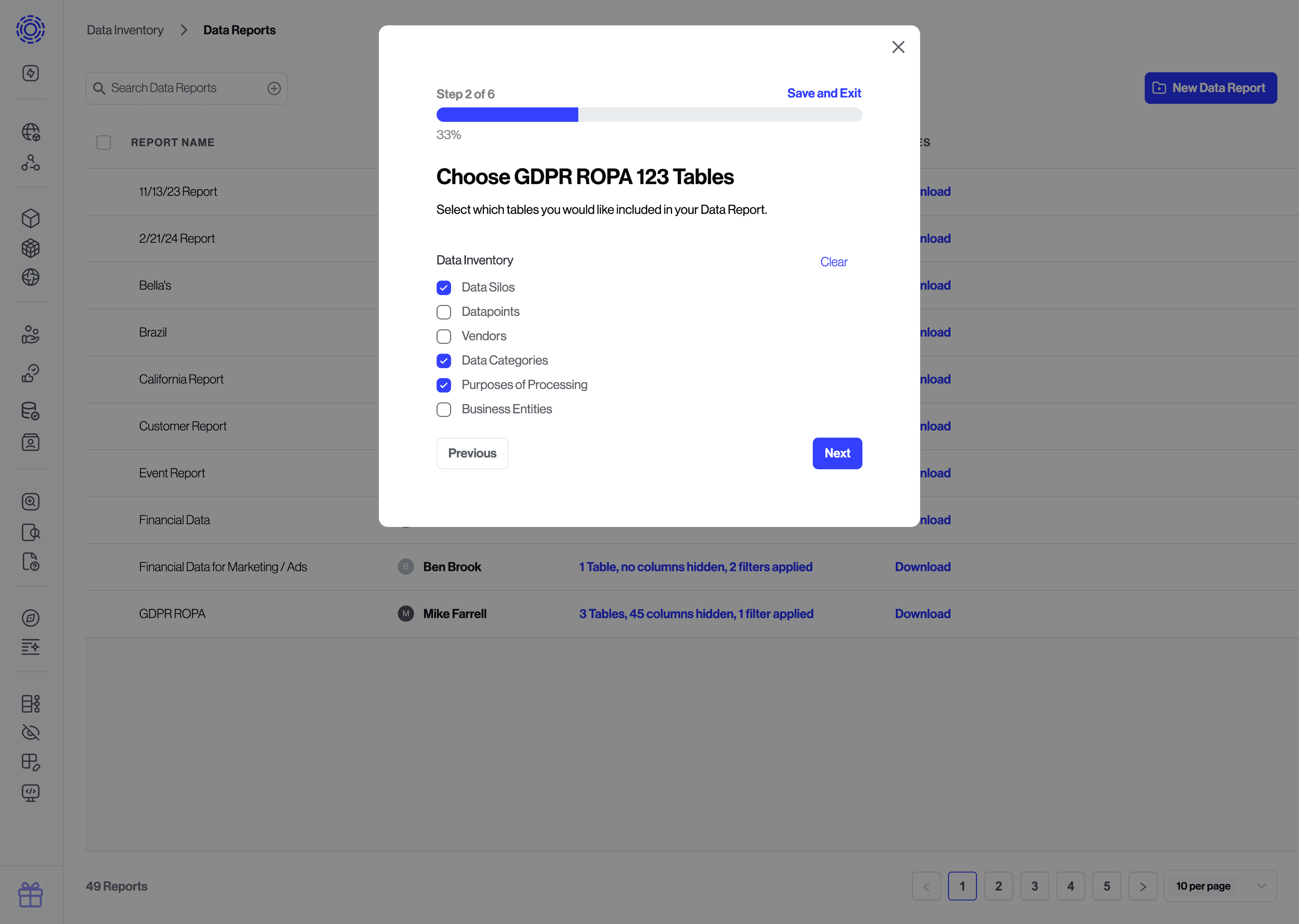 Data Reports New Report select table screen