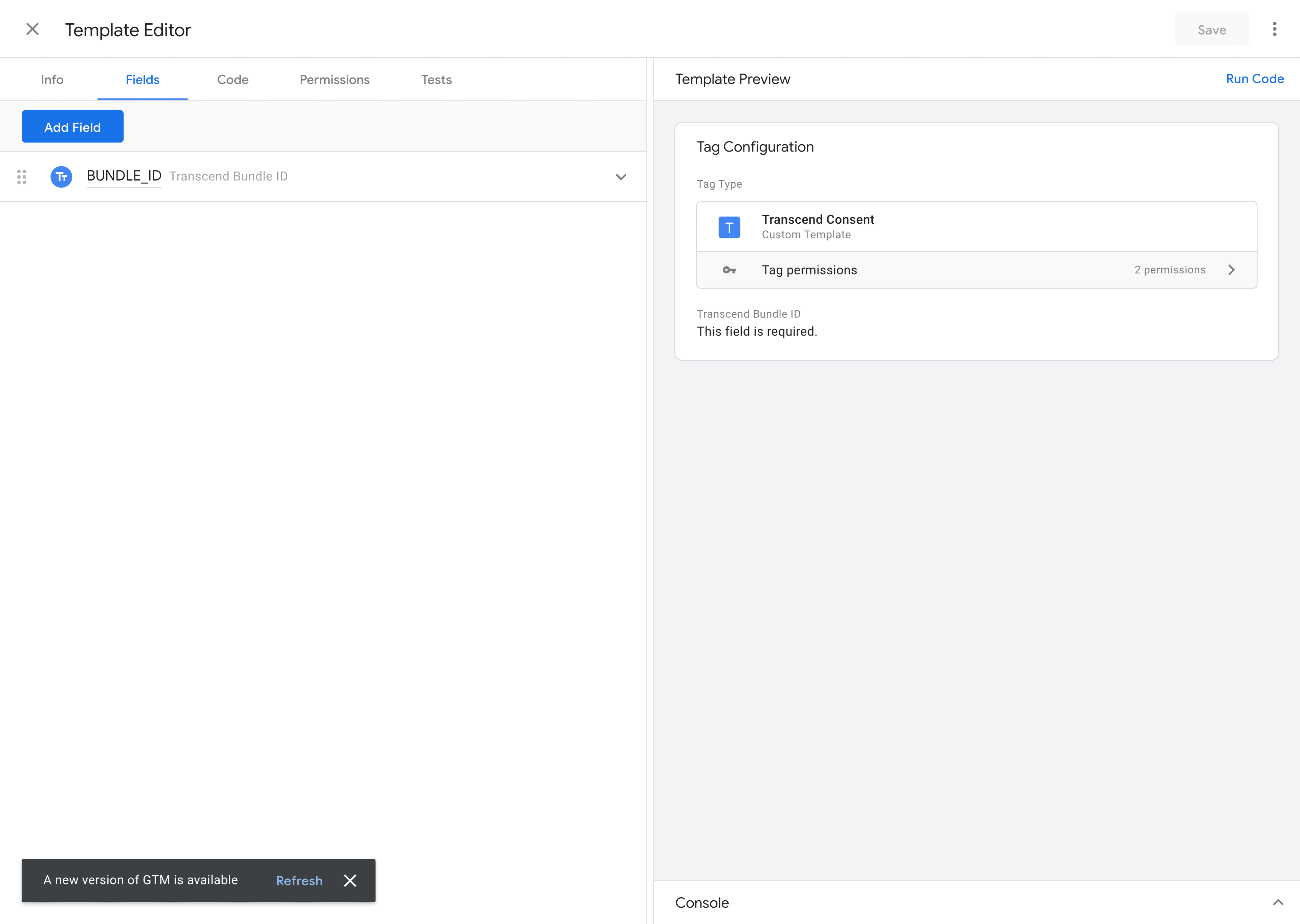 GTM Setup, Fields tab