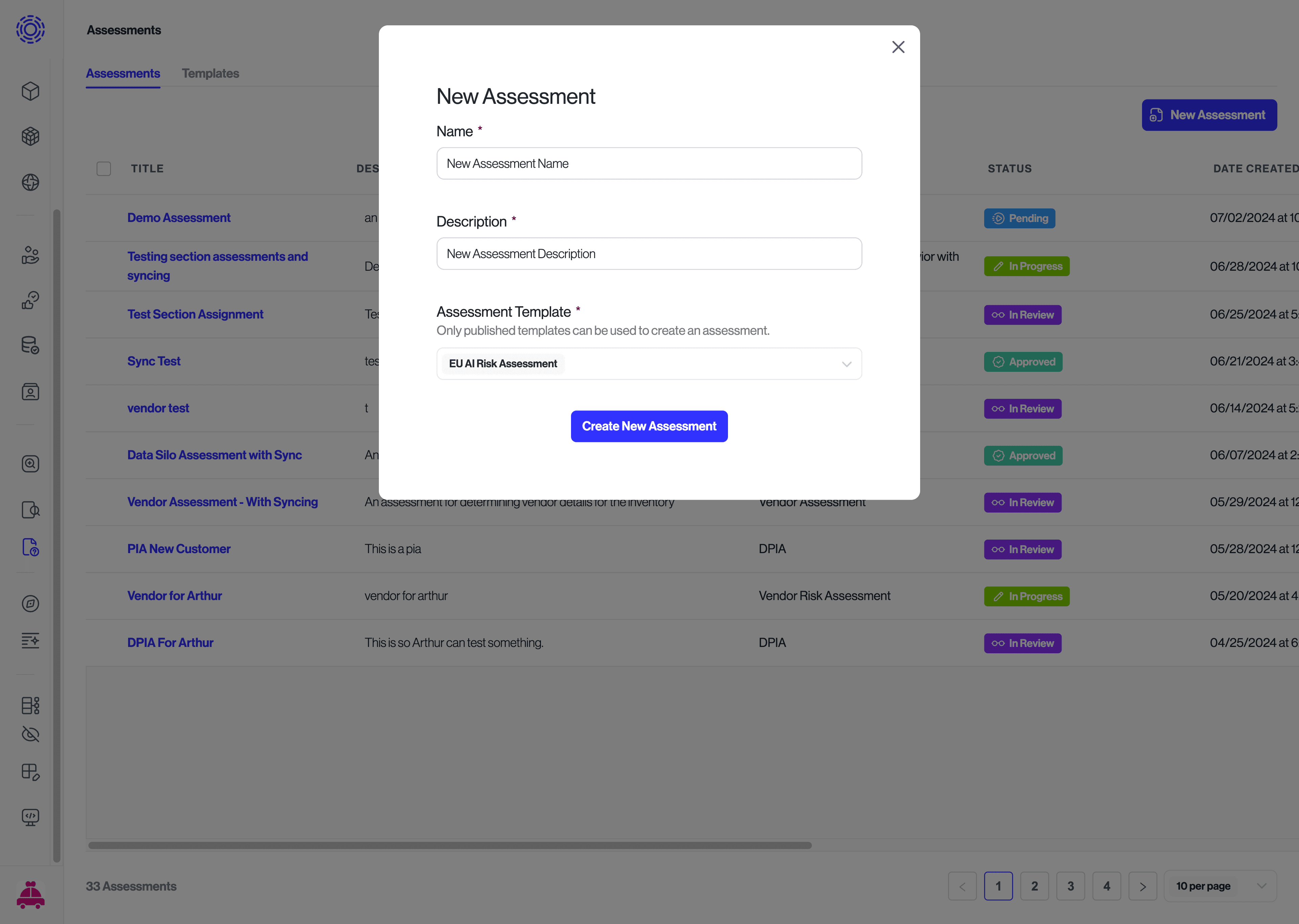 New Assessment modal