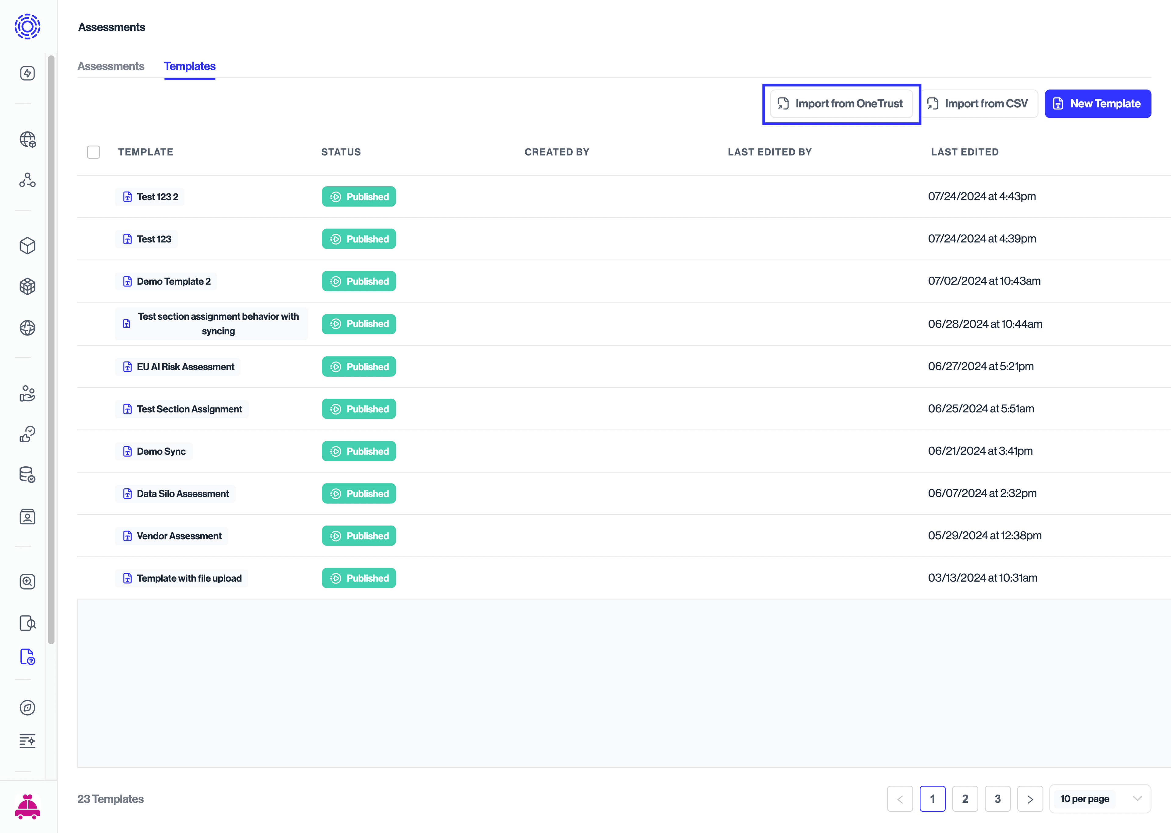 OneTrust Import Assessment button highlighted