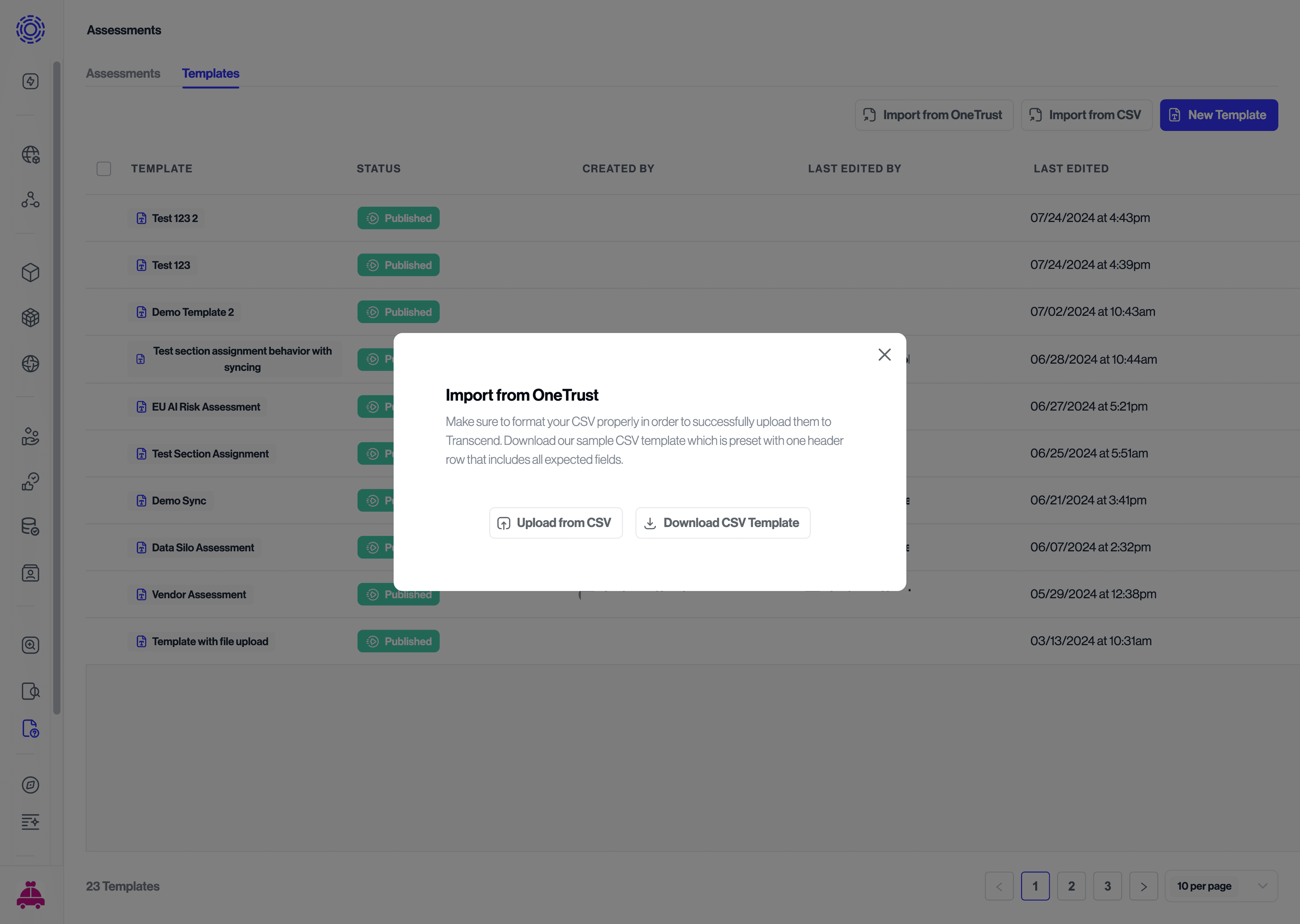 OneTrust Import Assessment Modal