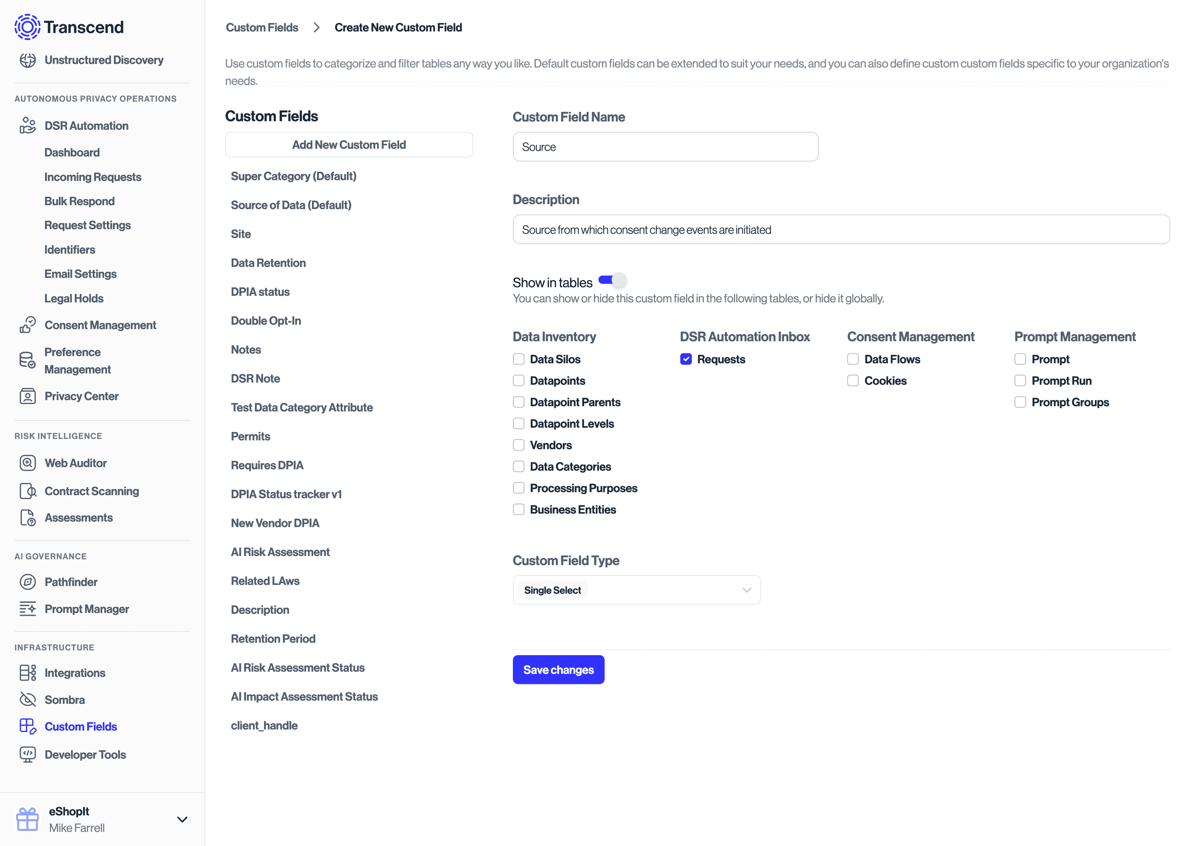 Preference Store create source custom field