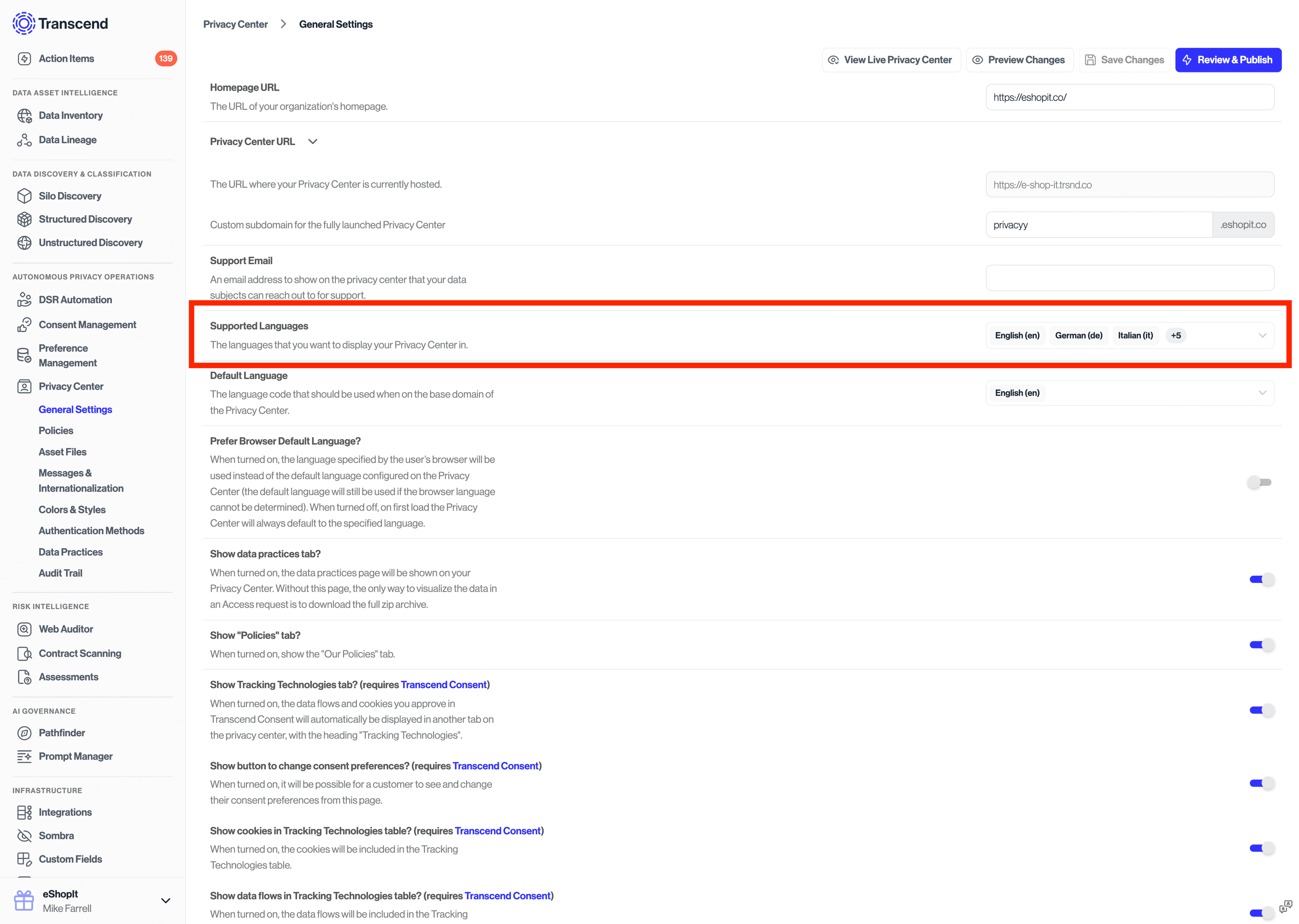 Privacy Center Language Setup