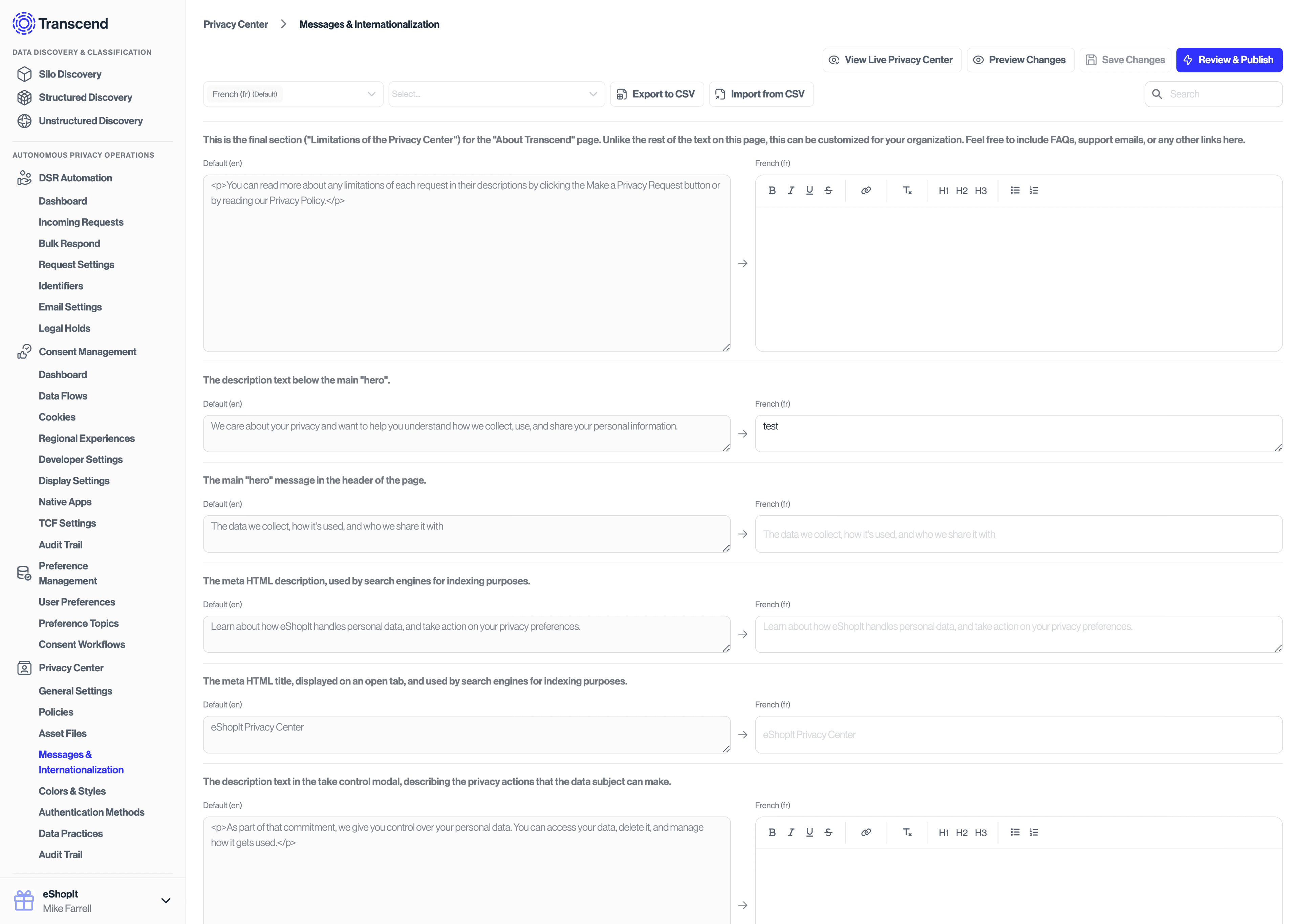 Privacy Center Translation Setup