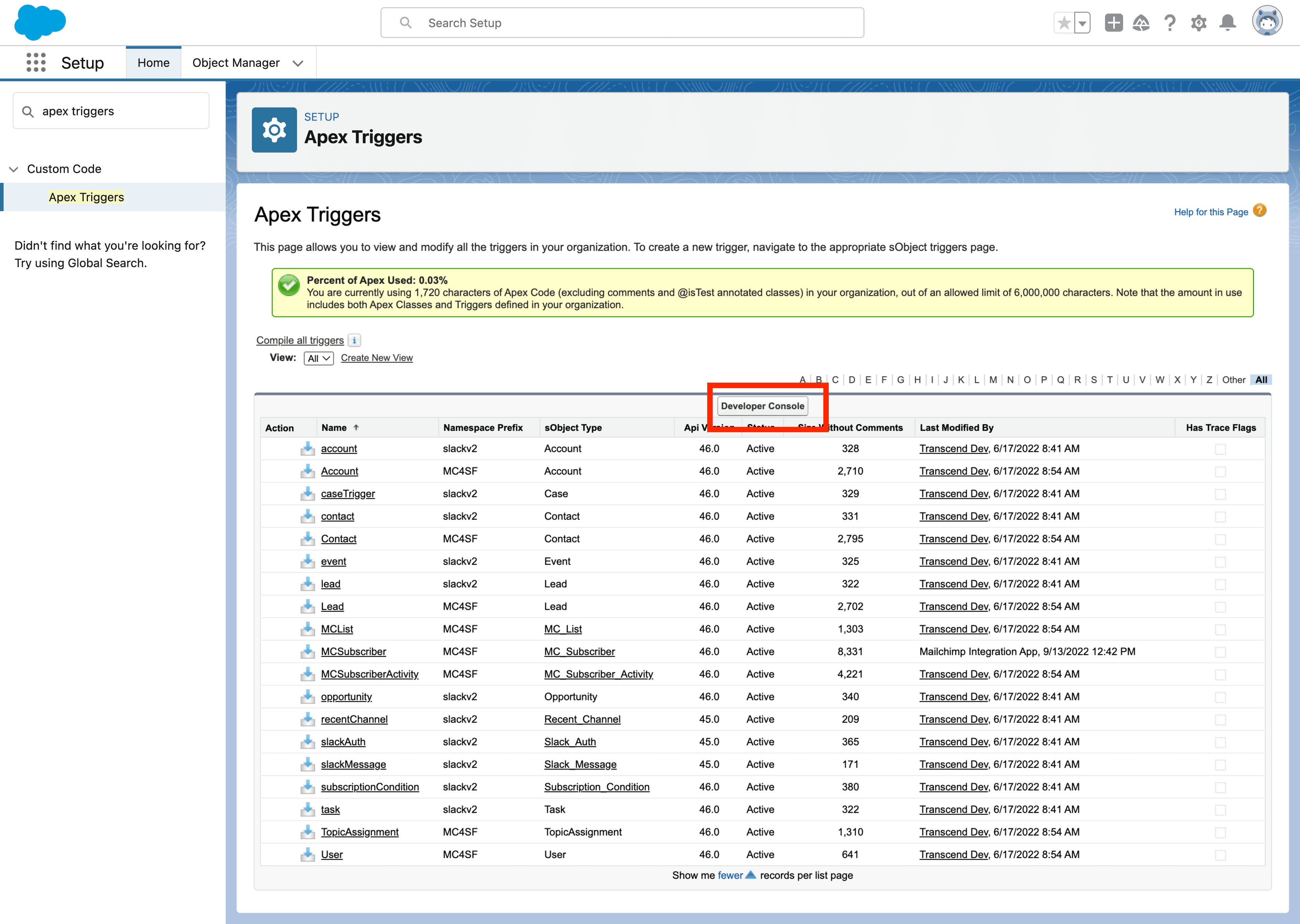 Open Apex Triggers Developer Console
