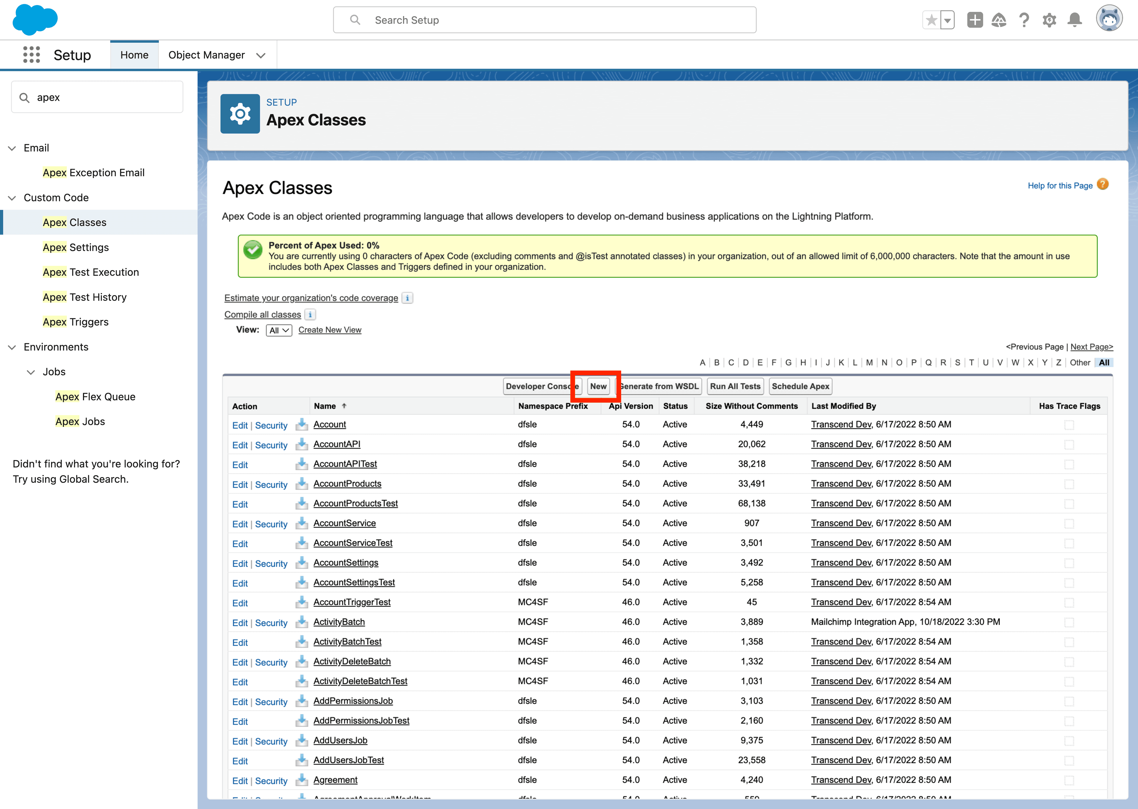 Salesforce New Apex Class