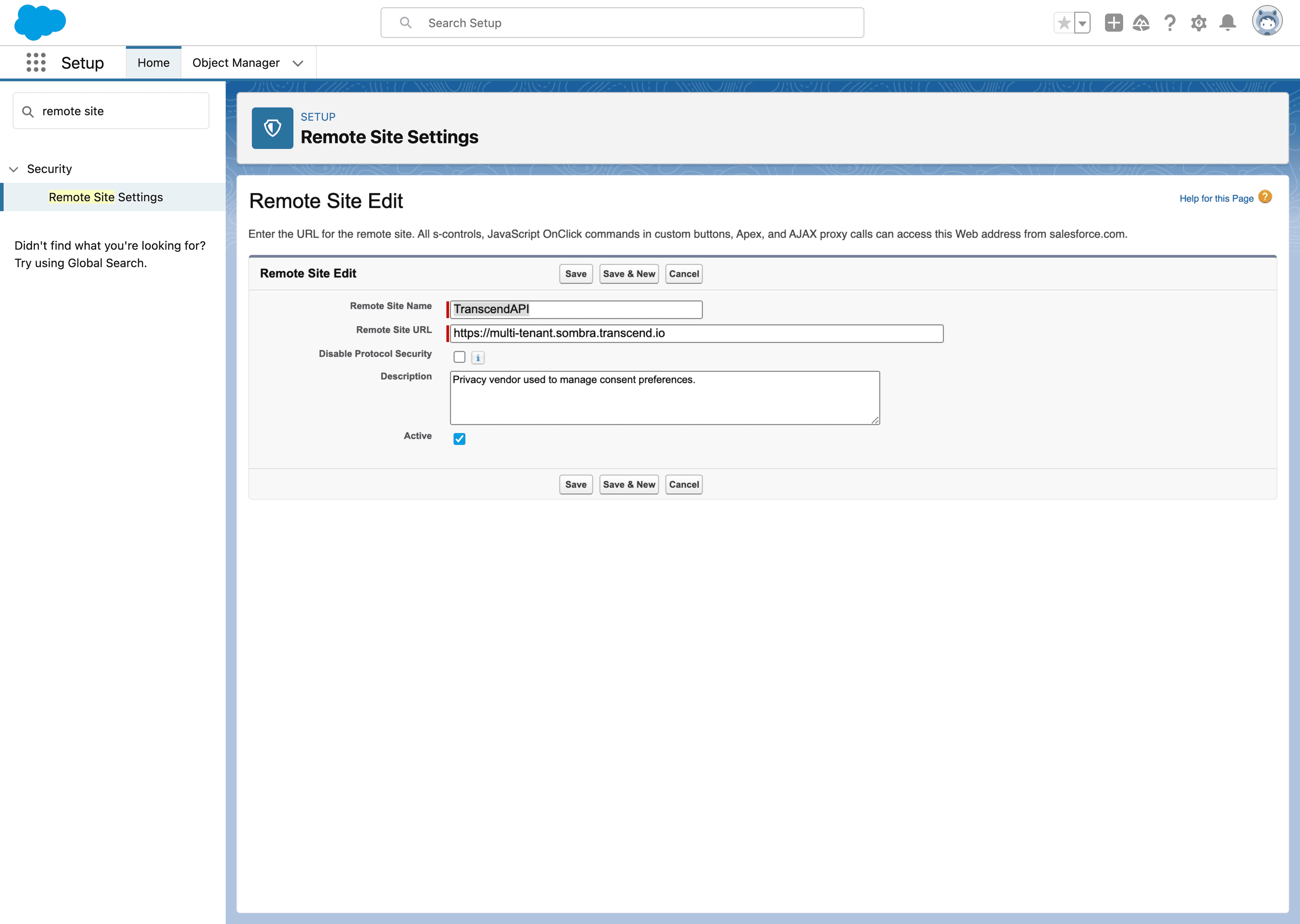 Add new Remote Site for Transcend API