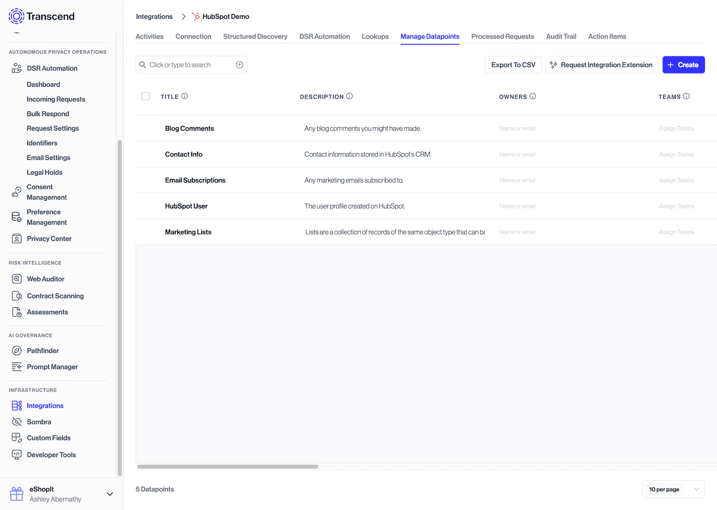 Hubspot Manage Datapoints tab as an example