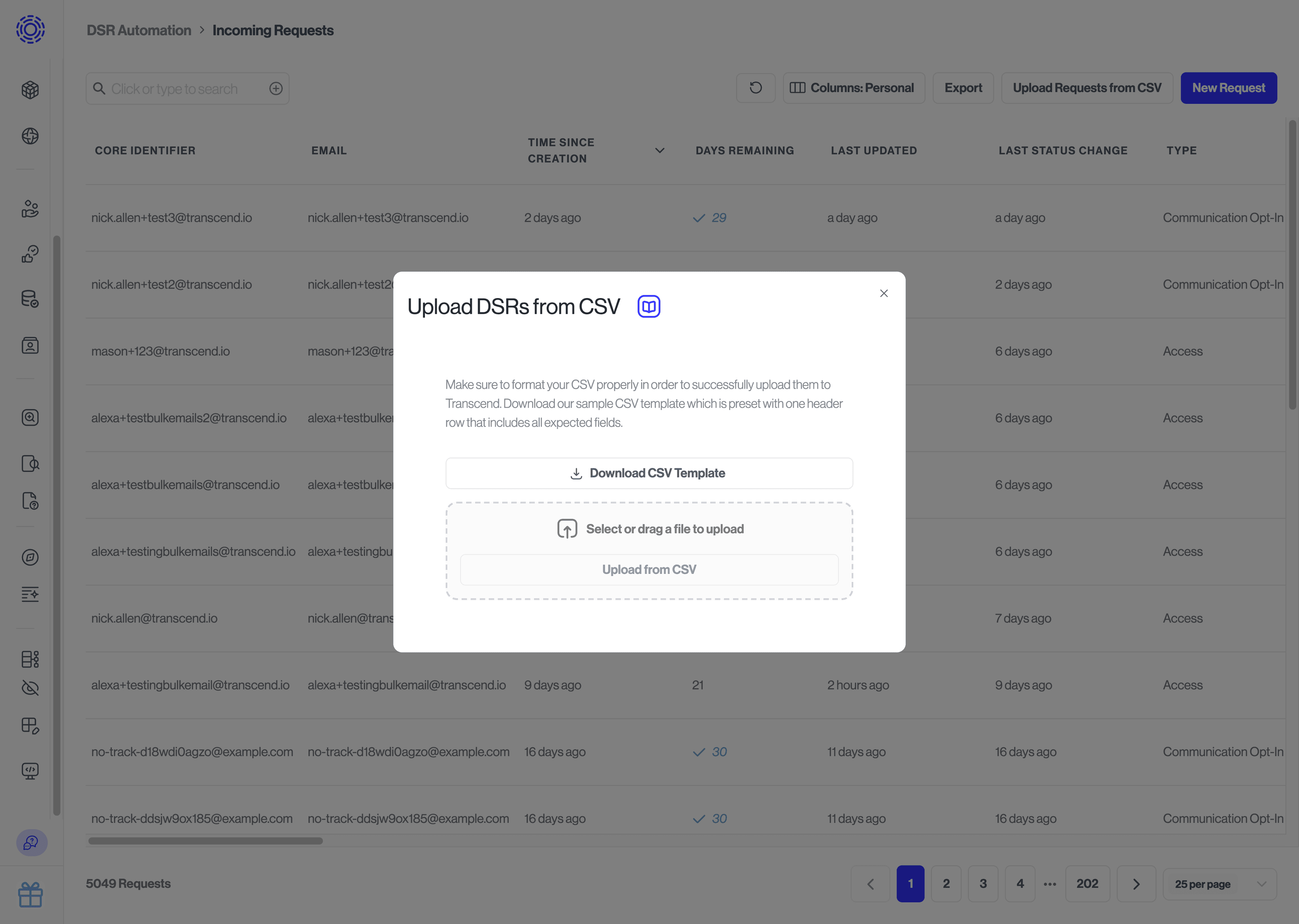 Upload CSV button