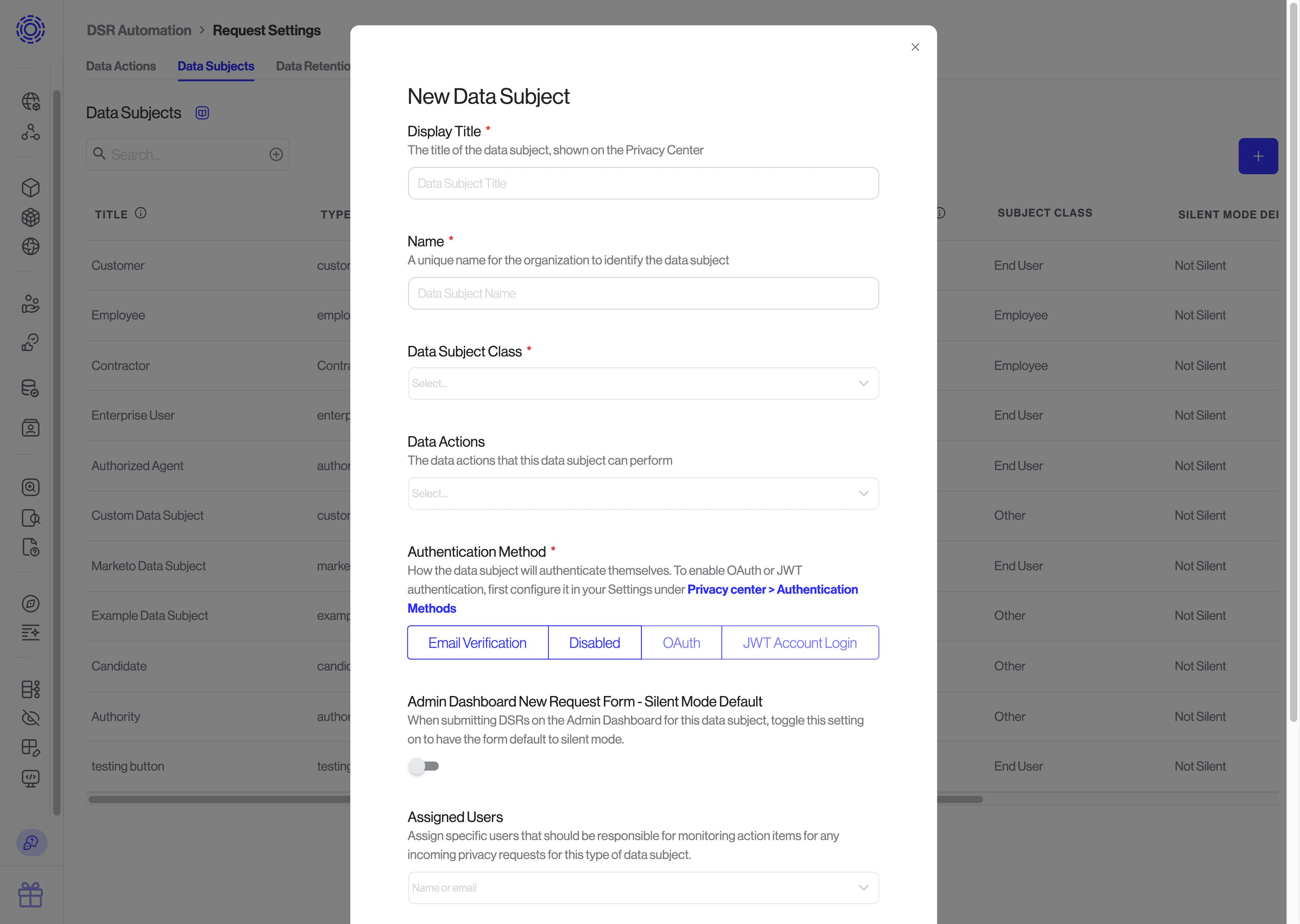 DSR Automation > New Data Subject view