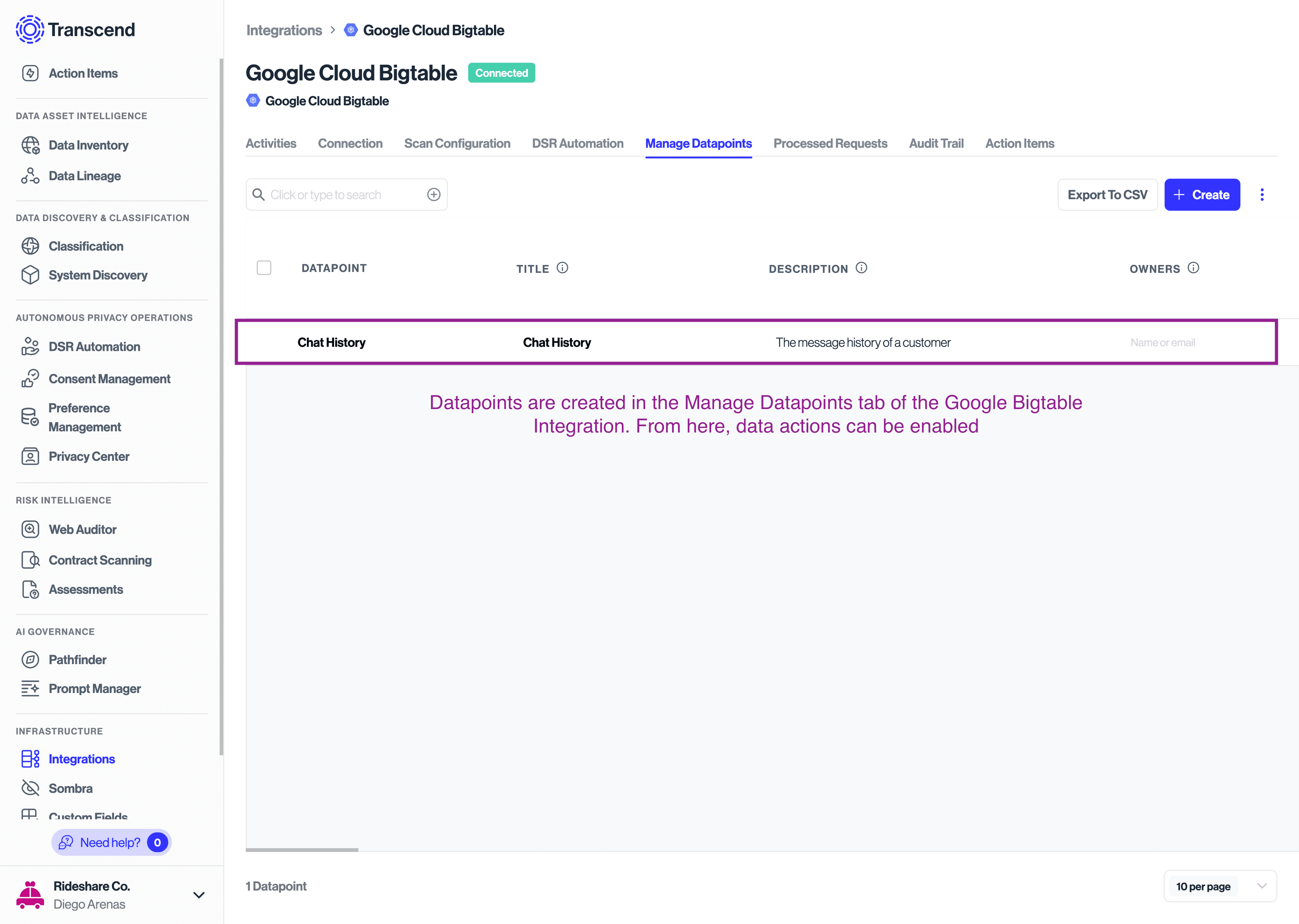 Create a datapoint in the Google Bigtable Integration