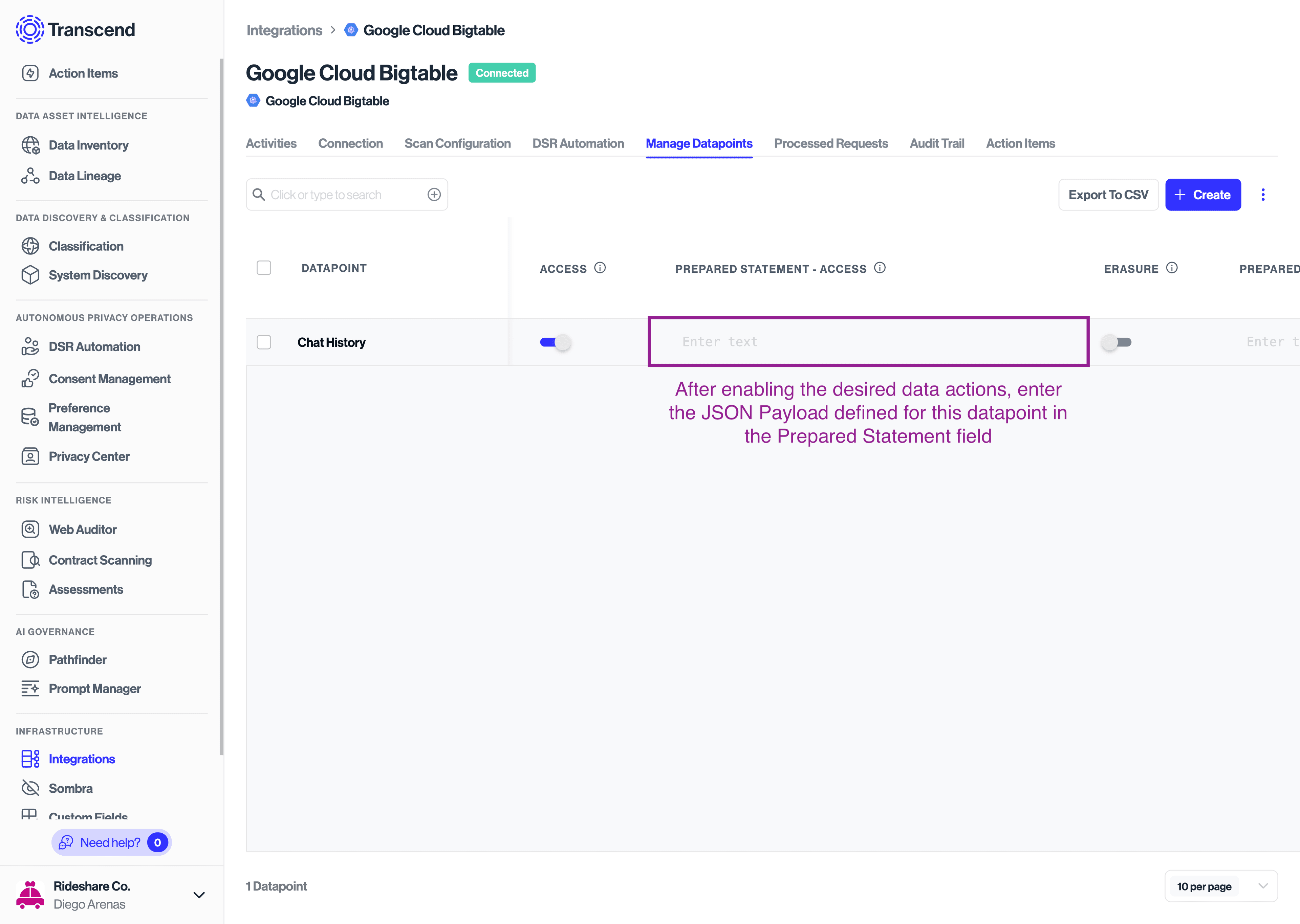 Define a custom query for a data action on a datapoint