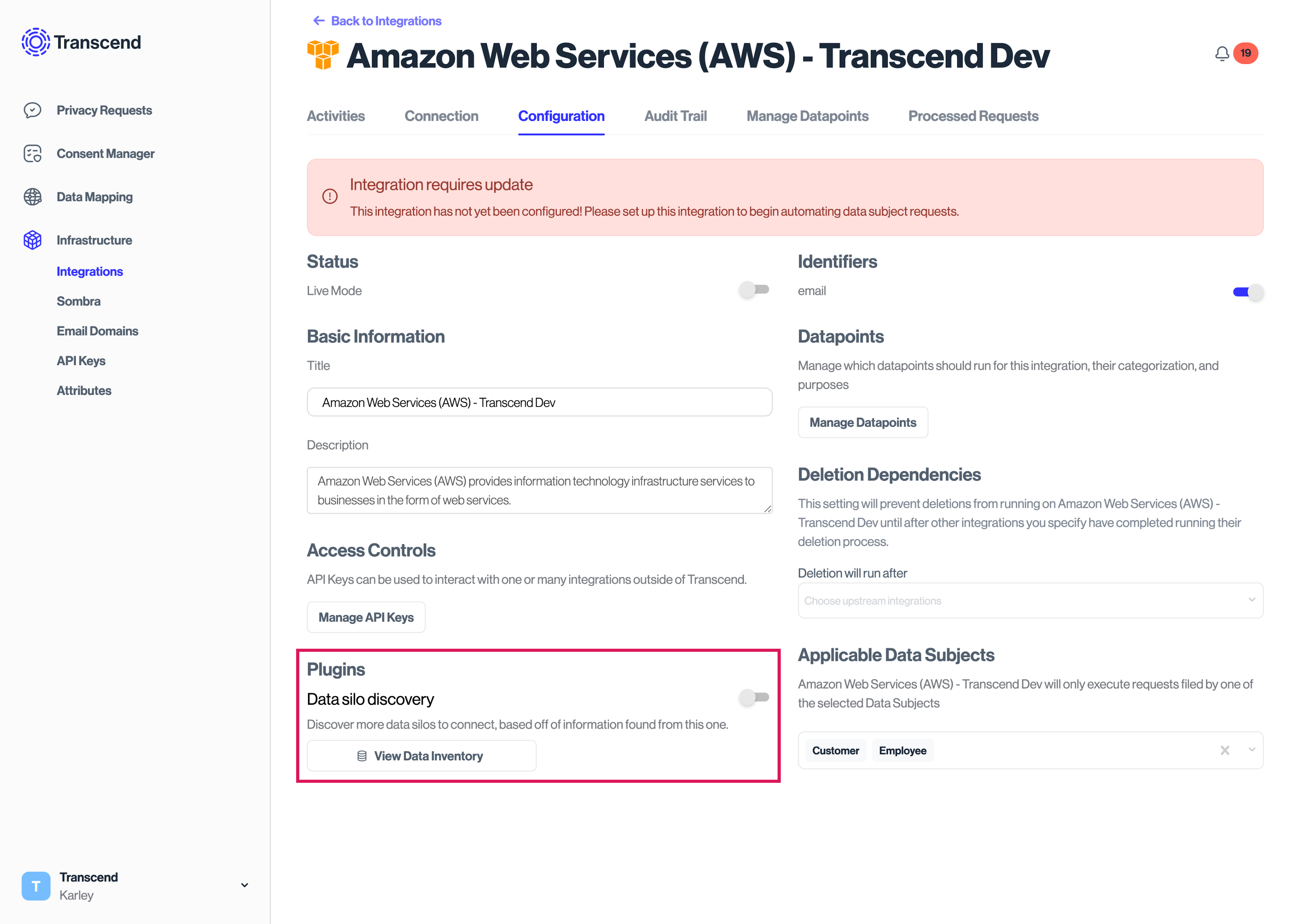 Enable the silo discovery plugin on the AWS integration configuration page.