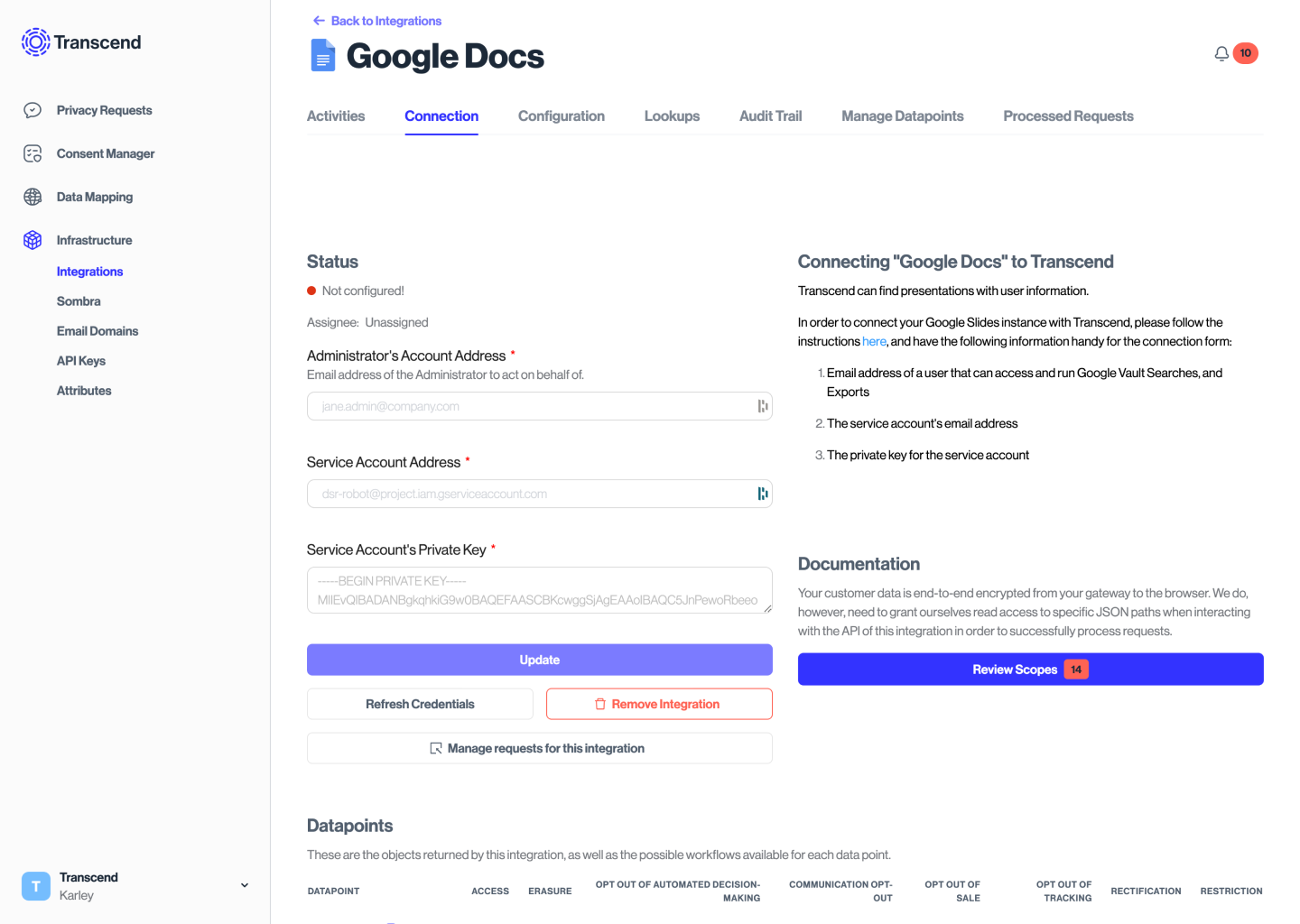 Google Docs connection form in Transcend Dashboard