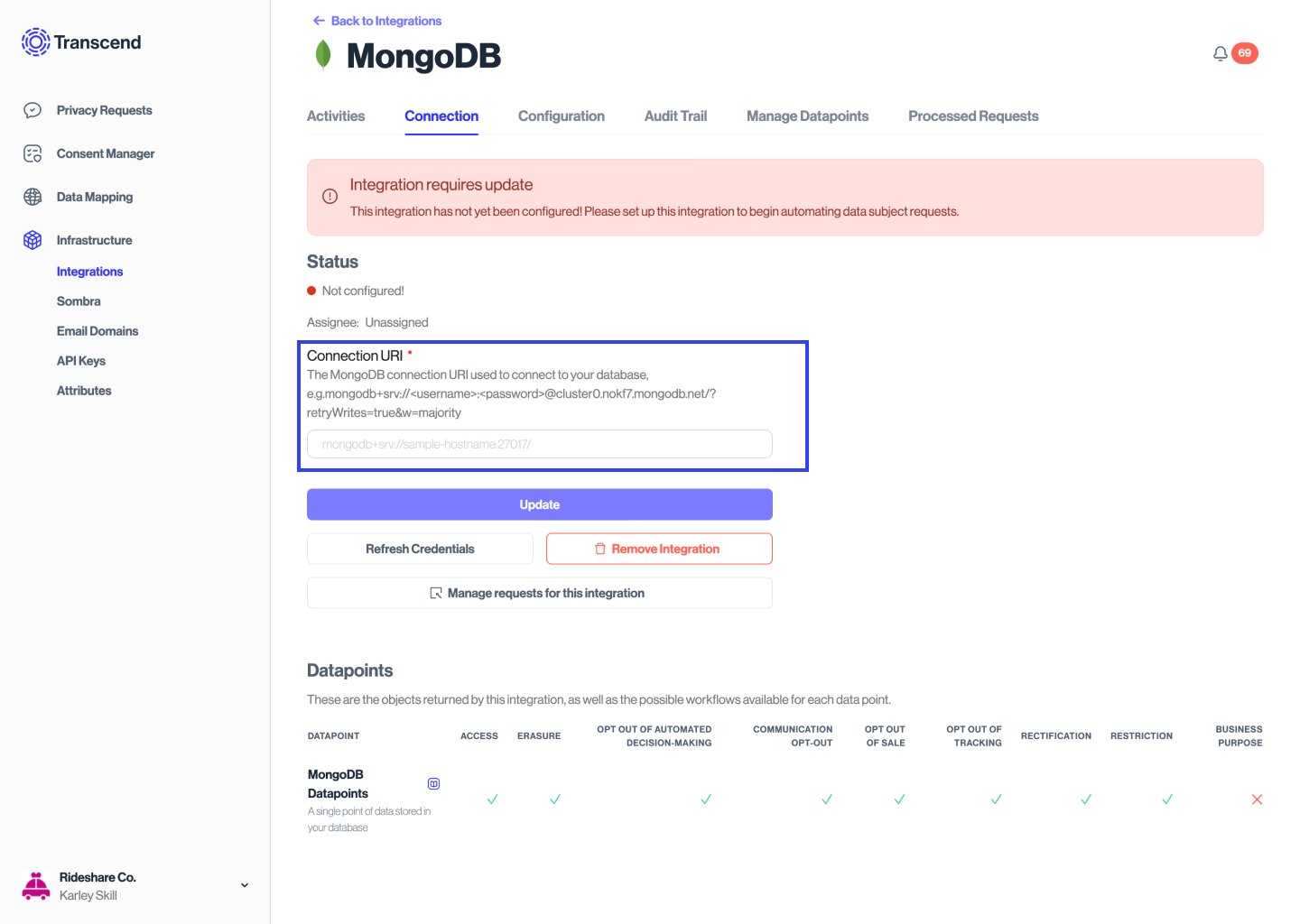 MongoDB Connection Form in Transcend