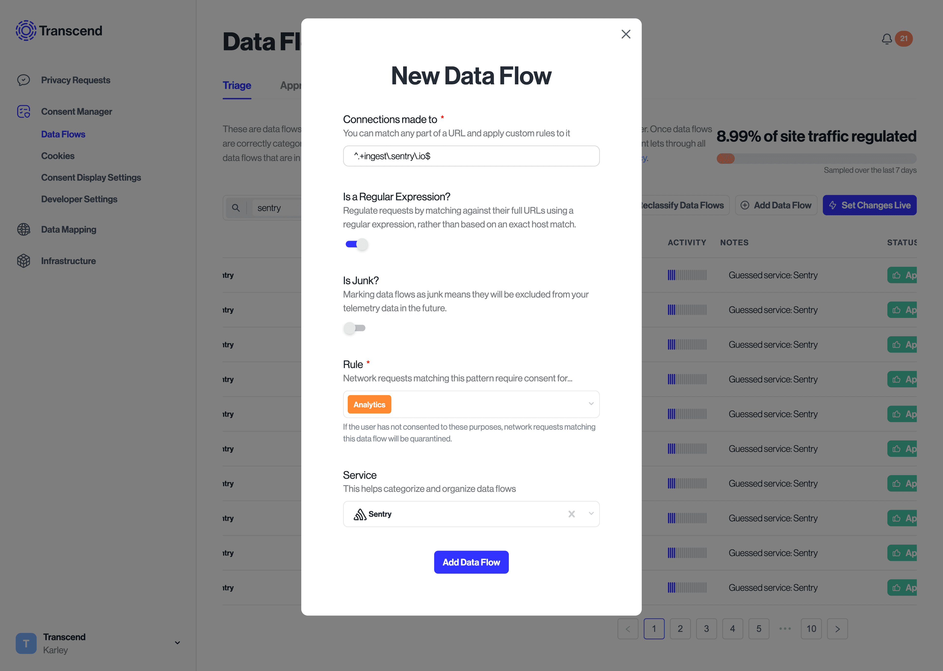 Create a new data flow rule to match a regular expression