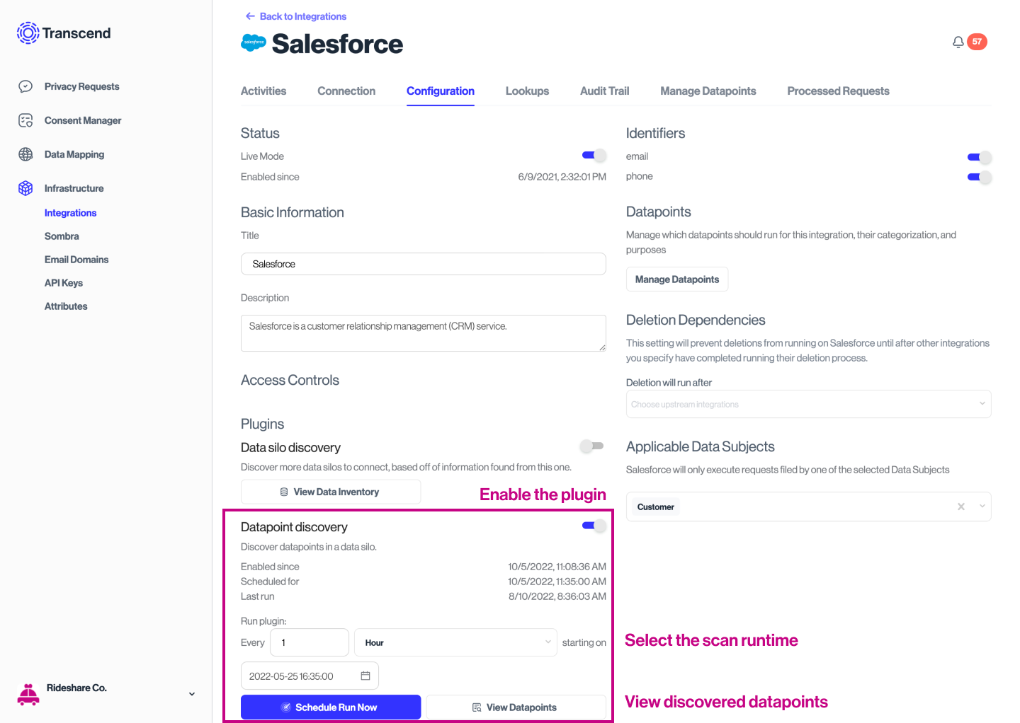 Datapoint schema discovery configuration for Salesforce integration