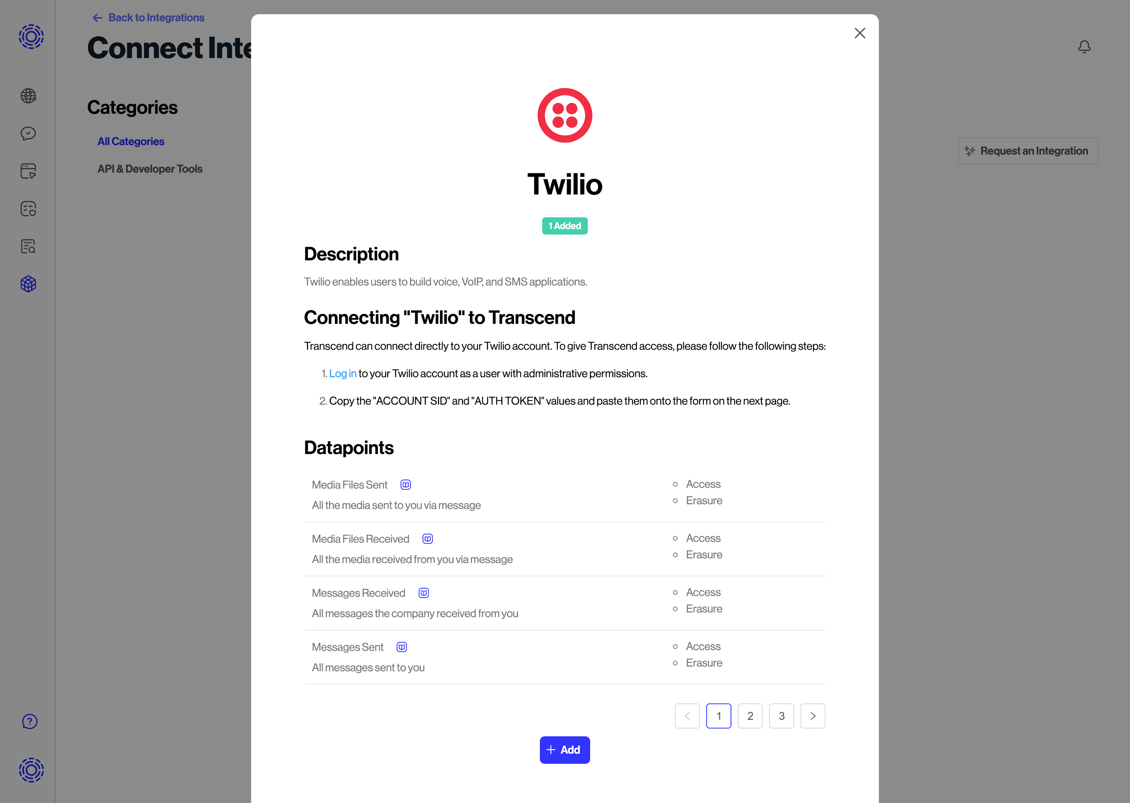 Connecting a Twilio integration inside our platform